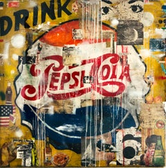 Drink Pepsi Cola - Peinture néo pop de 60 x 60 pouces en moutarde et rouge
