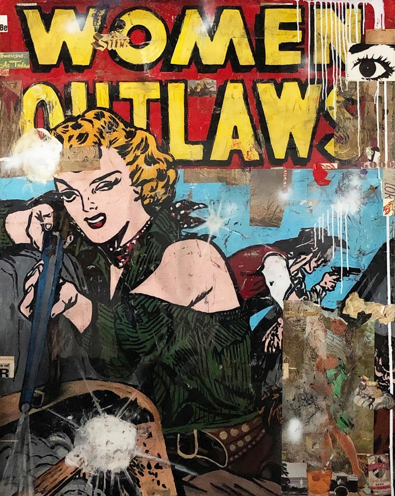 Greg Miller Woman Outlaw neopop, resin, collage painting by Greg