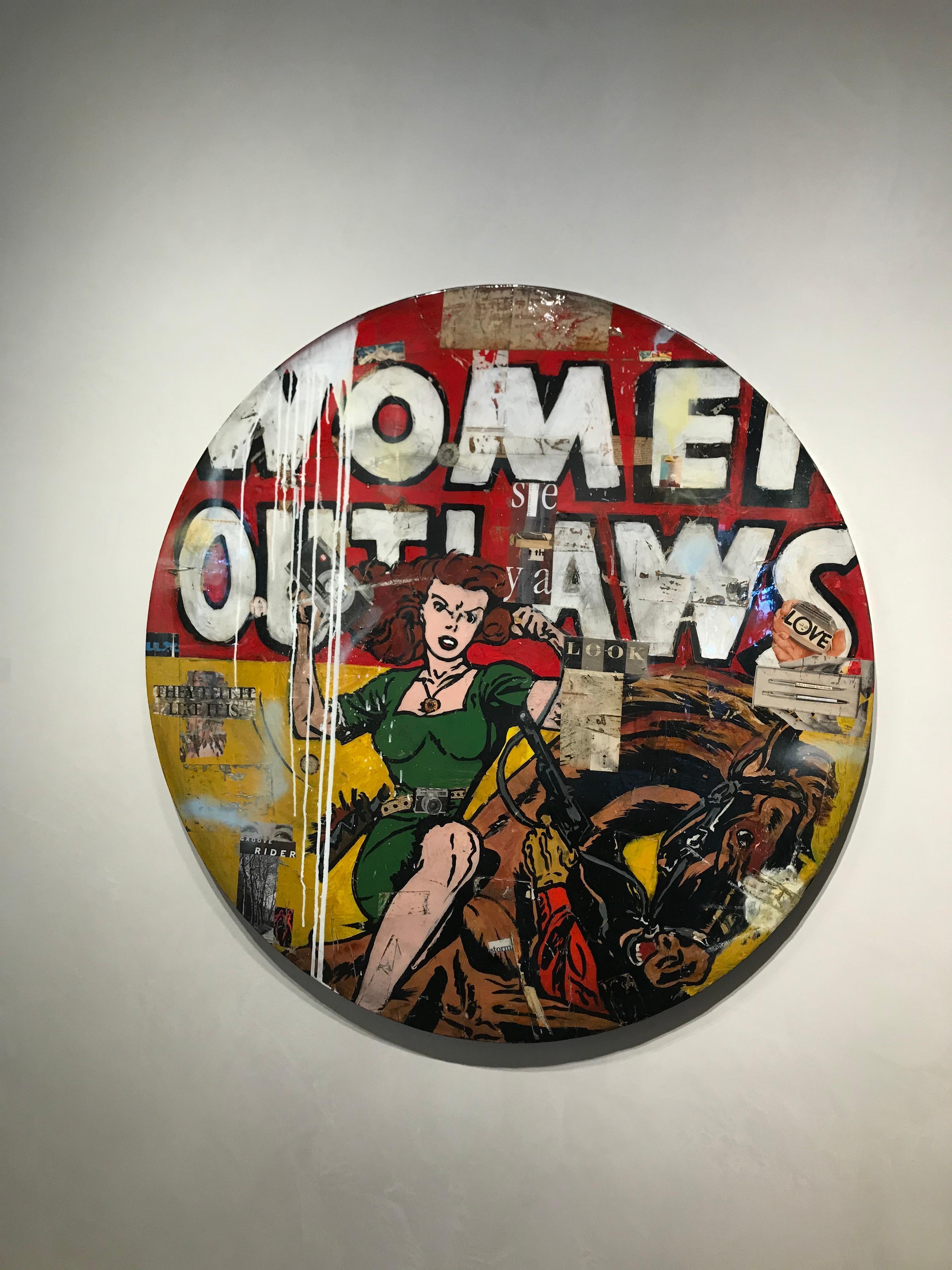 Women Outlaws- red and yellow collage and resin neo-pop painting on panel 1