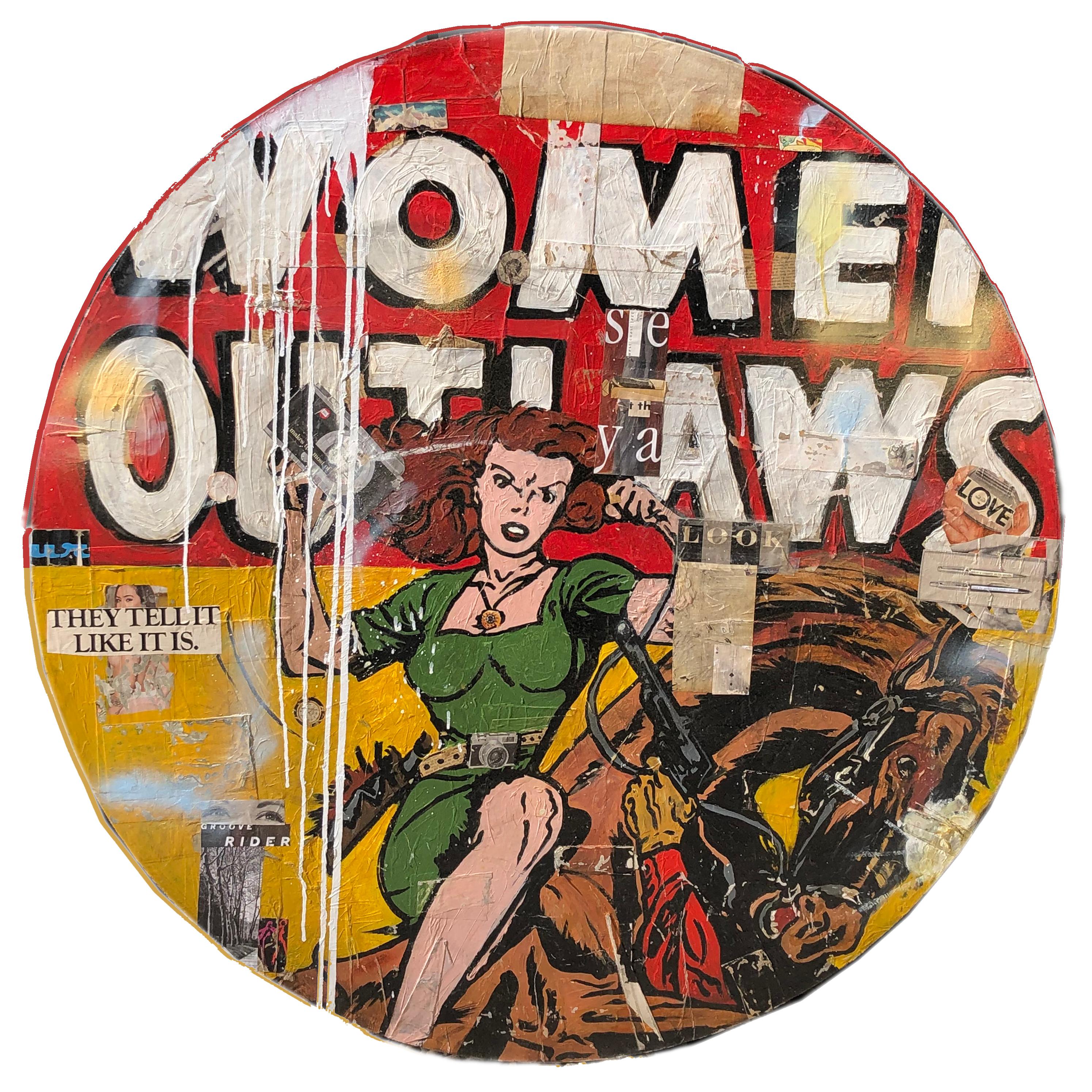 Women Outlaws- red and yellow collage and resin neo-pop painting on panel - Mixed Media Art by Greg Miller