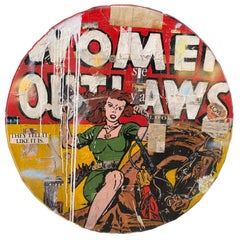 Women Outlaws- red and yellow collage and resin neo-pop painting on panel