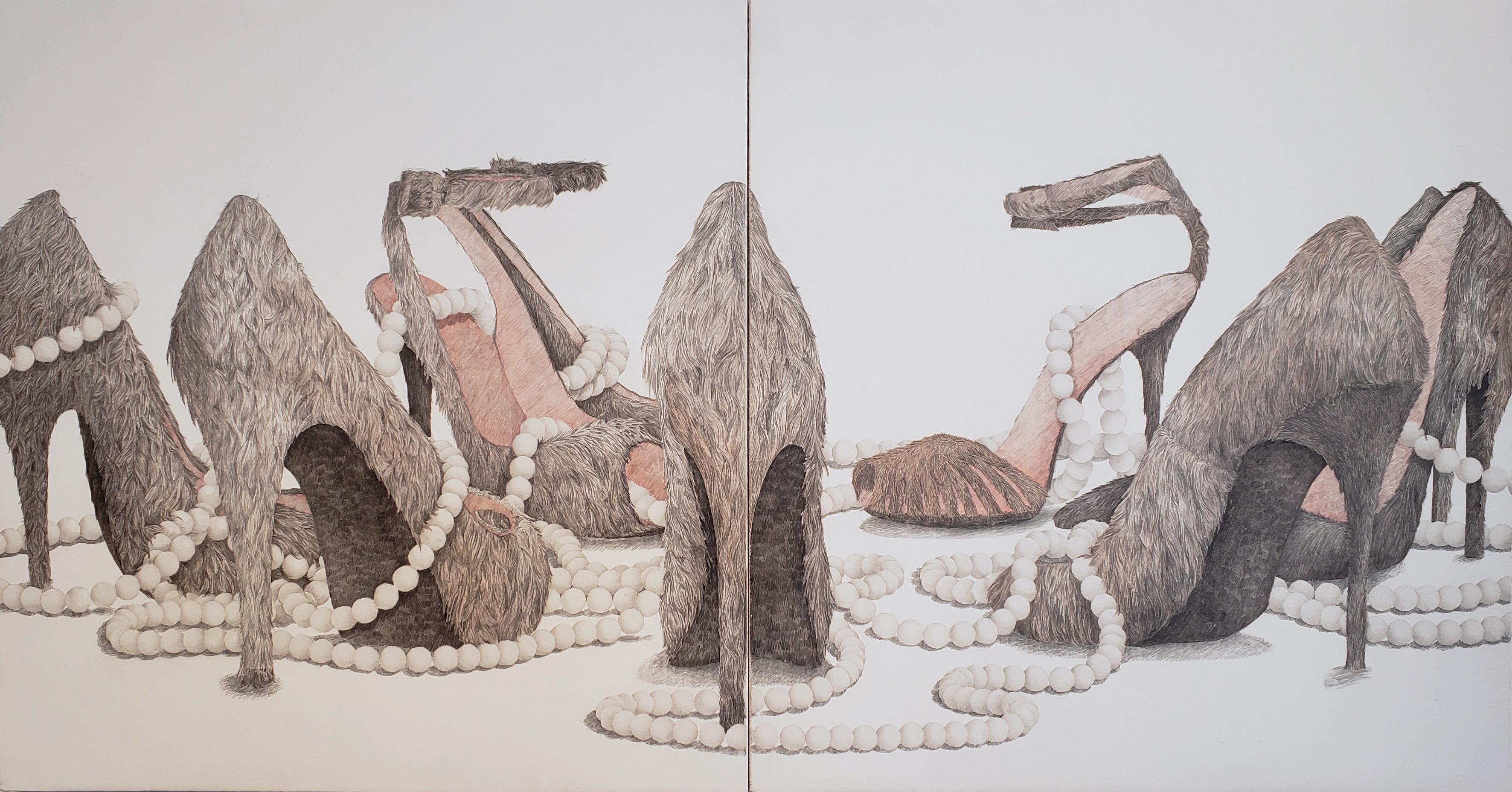 Greg Murr combines painting and drawing in airy compositions that function as philosophical inquiries into the flux of the natural world. In "Well," Murr offers the viewer a "pack" of lethal high heels draped in luxurious white pearls. Murr