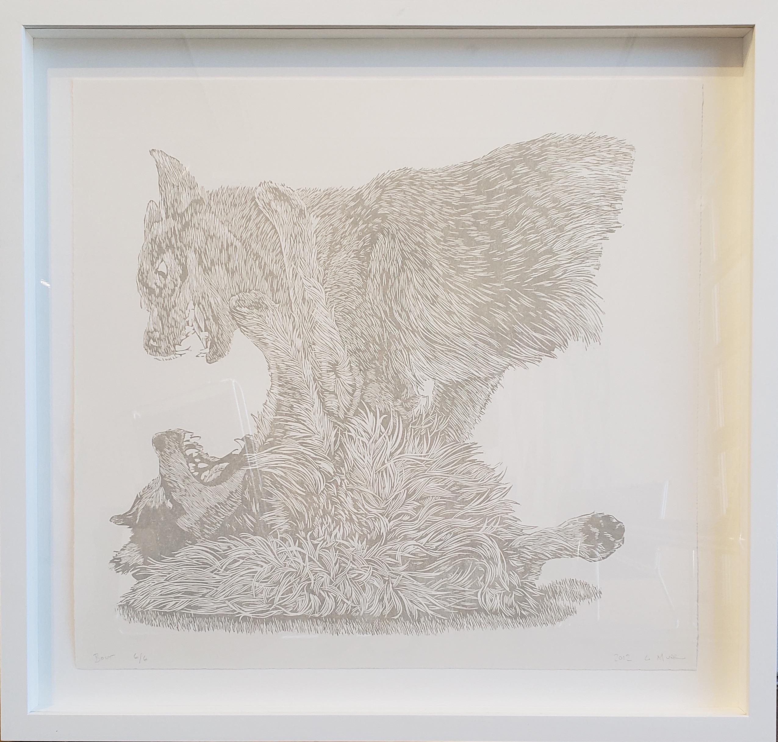 Greg Murr combines painting and drawing in airy compositions that function as philosophical inquiries into the flux of the natural world. In his aptly titled, limited edition woodcut print "Bout," Murr depicts two wolves engaged in a wrestling match