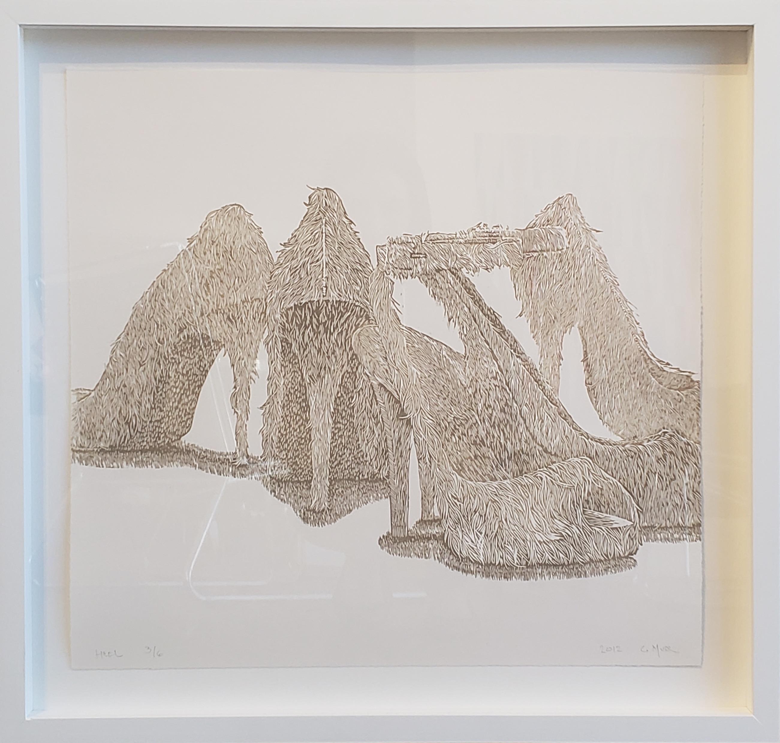 Greg Murr combines painting and drawing in airy compositions that function as philosophical inquiries into the flux of the natural world. In this limited edition woodcut print, Murr offers the viewer a "pack" of lethal high heels. Murr delicately