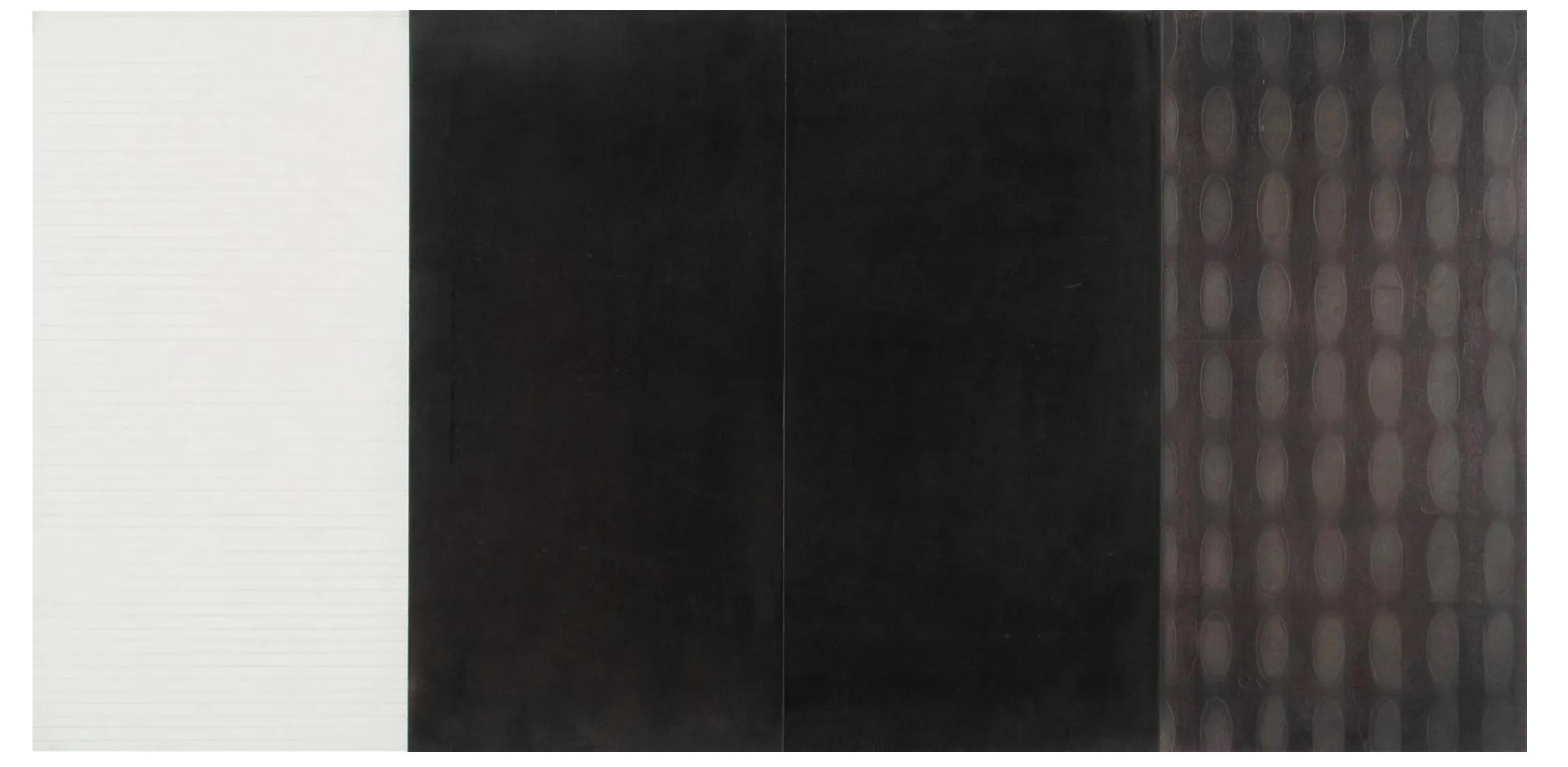 Greg Parker, américain, né en 1952
Sans titre, 1988
Graphite et huile sur panneau gessoed

Signé et daté au verso. Composition géométrique en variations monochromatiques se terminant sur un panneau en graphite avec des motifs ovales. Film de