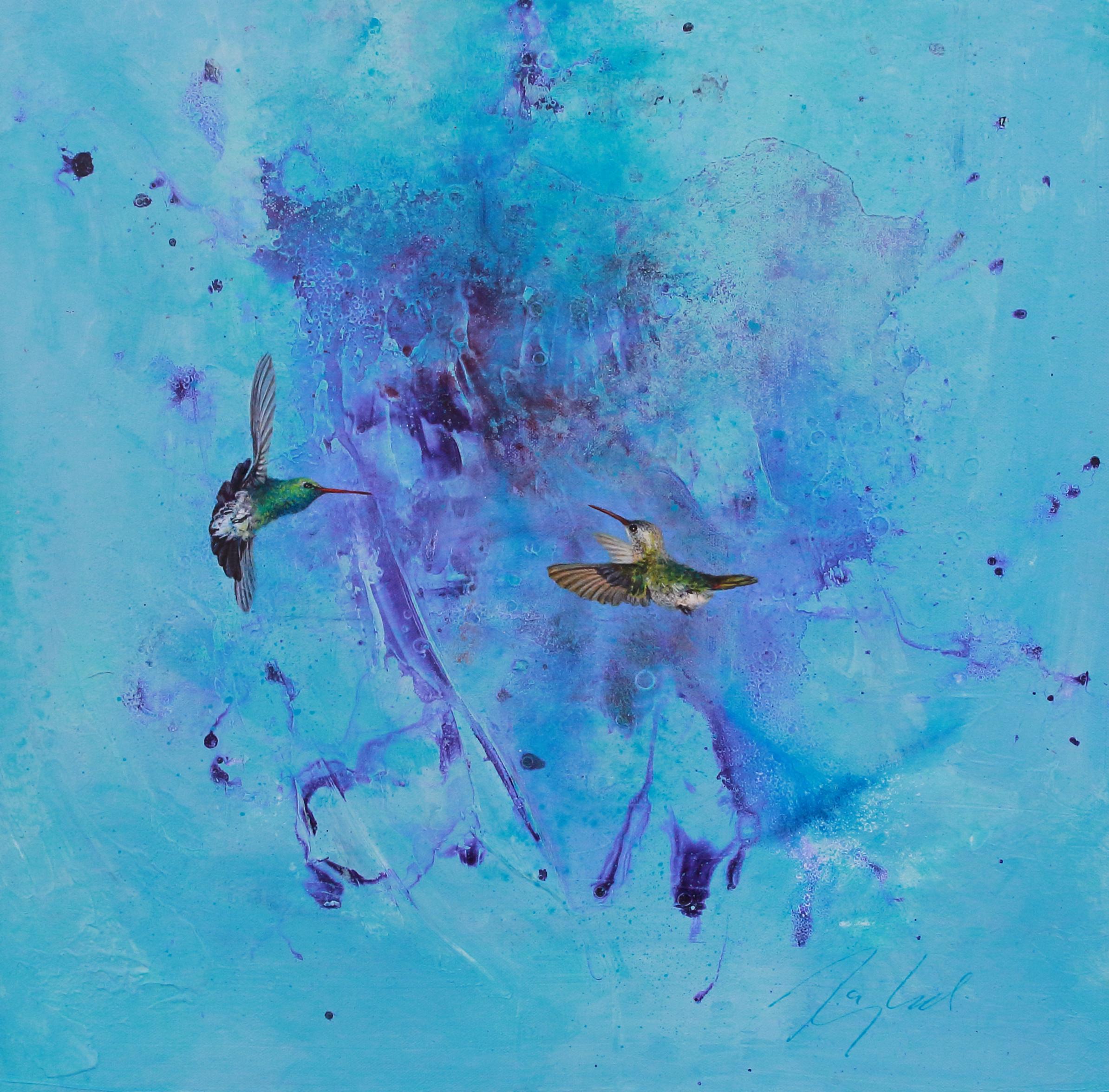 Greg Ragland Animal Painting - Blue and Purple with 2 Broadbills