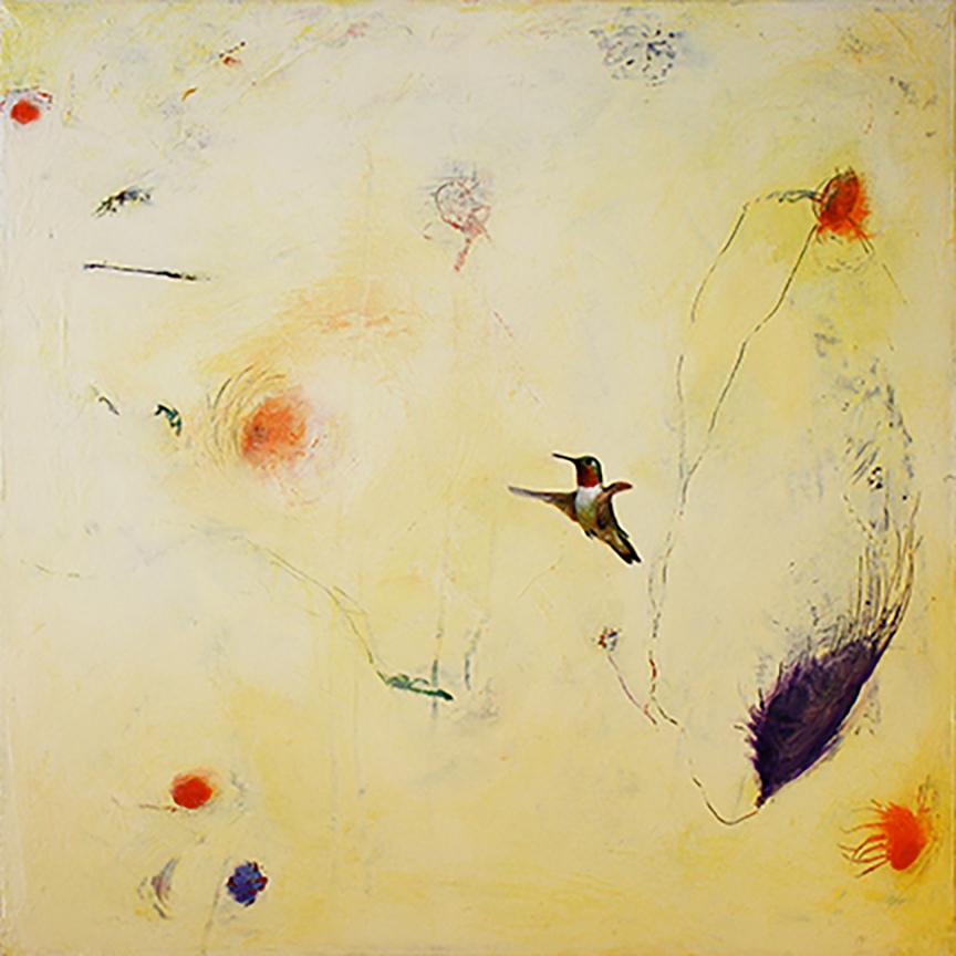 Greg Ragland Animal Painting – Broadtail Hummingbird in Creme mit roten und lila Formen