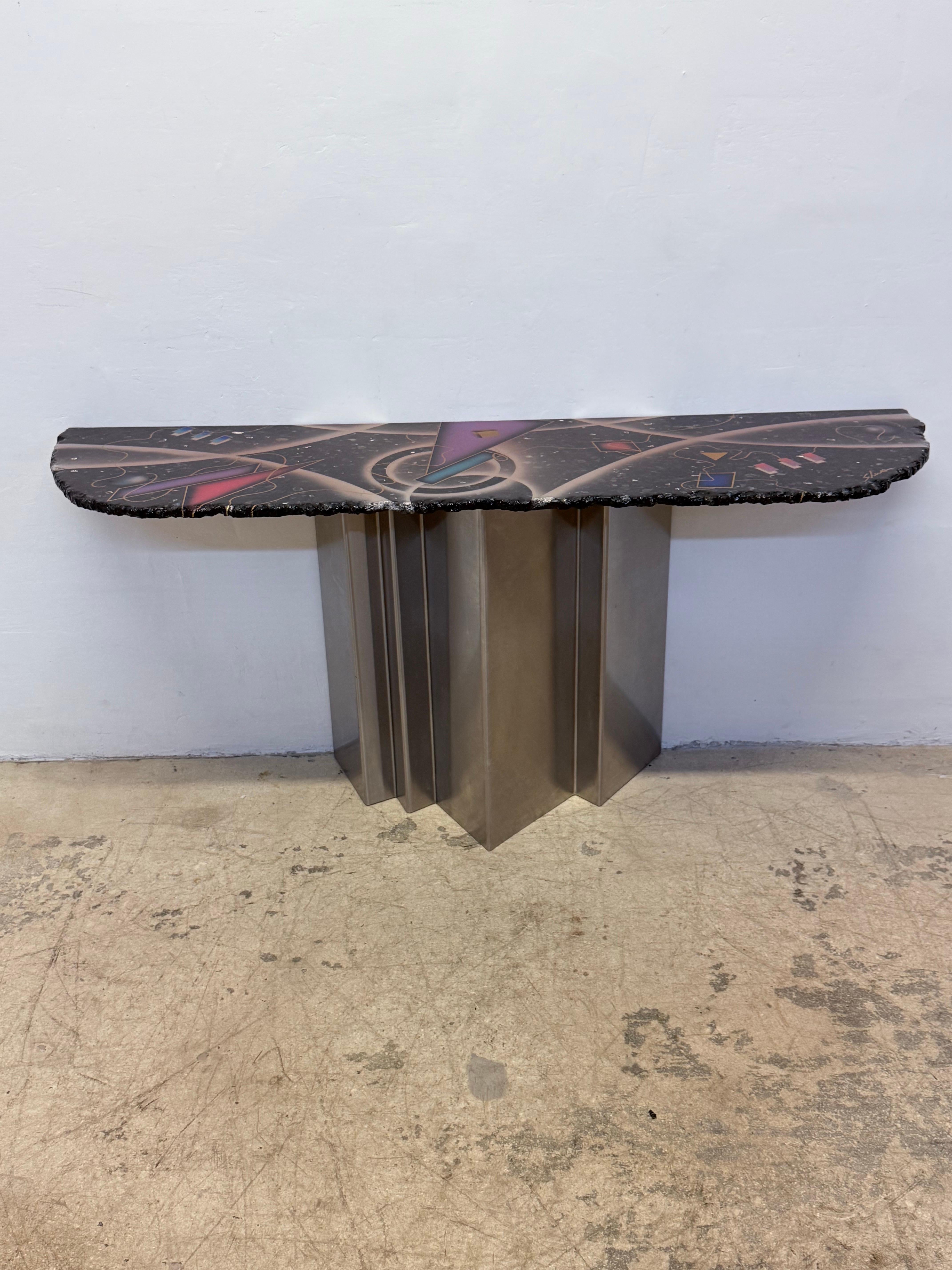 Contemporary studio crafted console table with hand painted granite top on a geometric steel base by Greg Sheres.