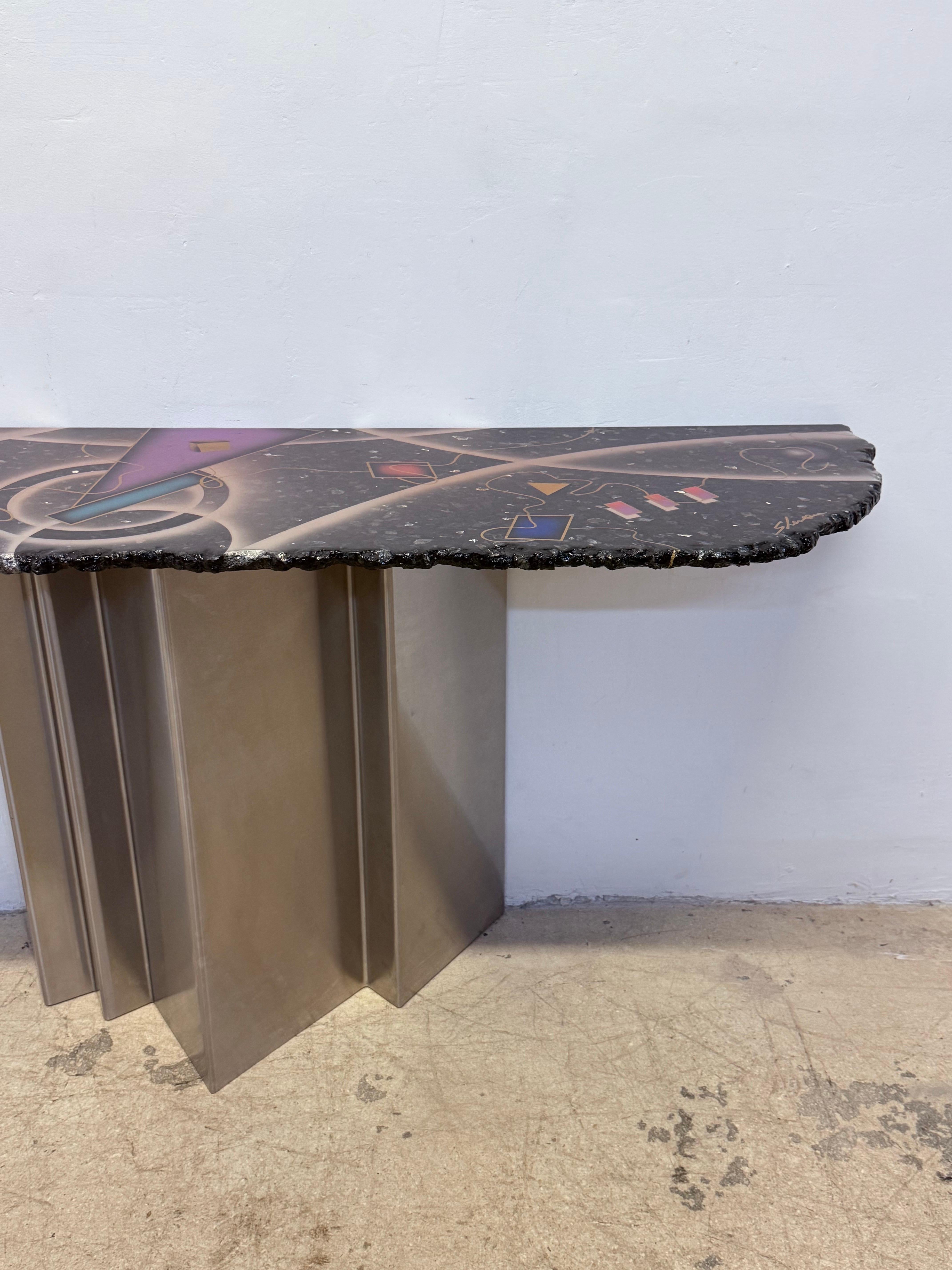 American Greg Sheres Contemporary Studio Crafted Steel and Granite Top Console Table For Sale