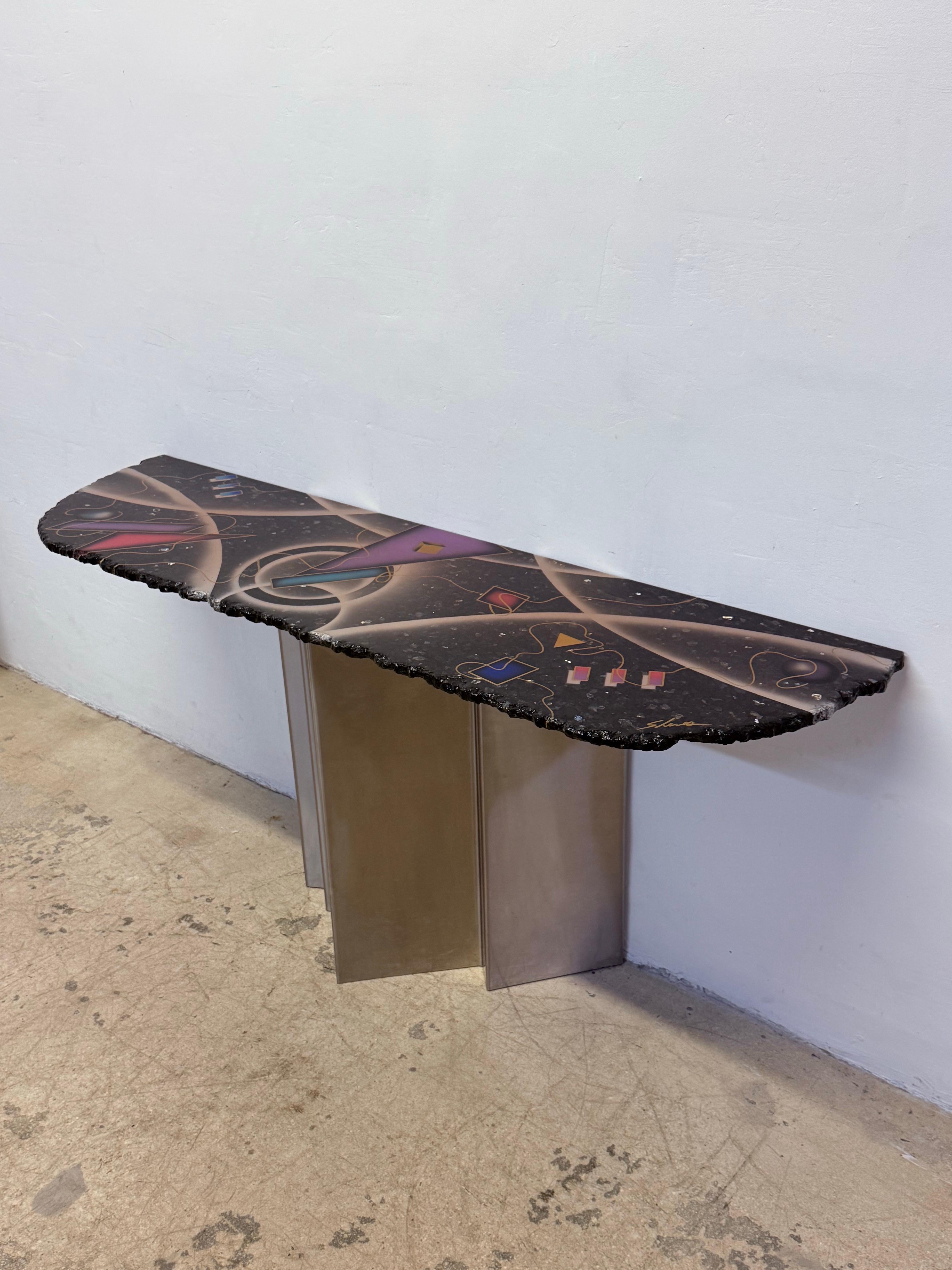 Greg Sheres Contemporary Studio Crafted Steel and Granite Top Console Table In Good Condition For Sale In Miami, FL