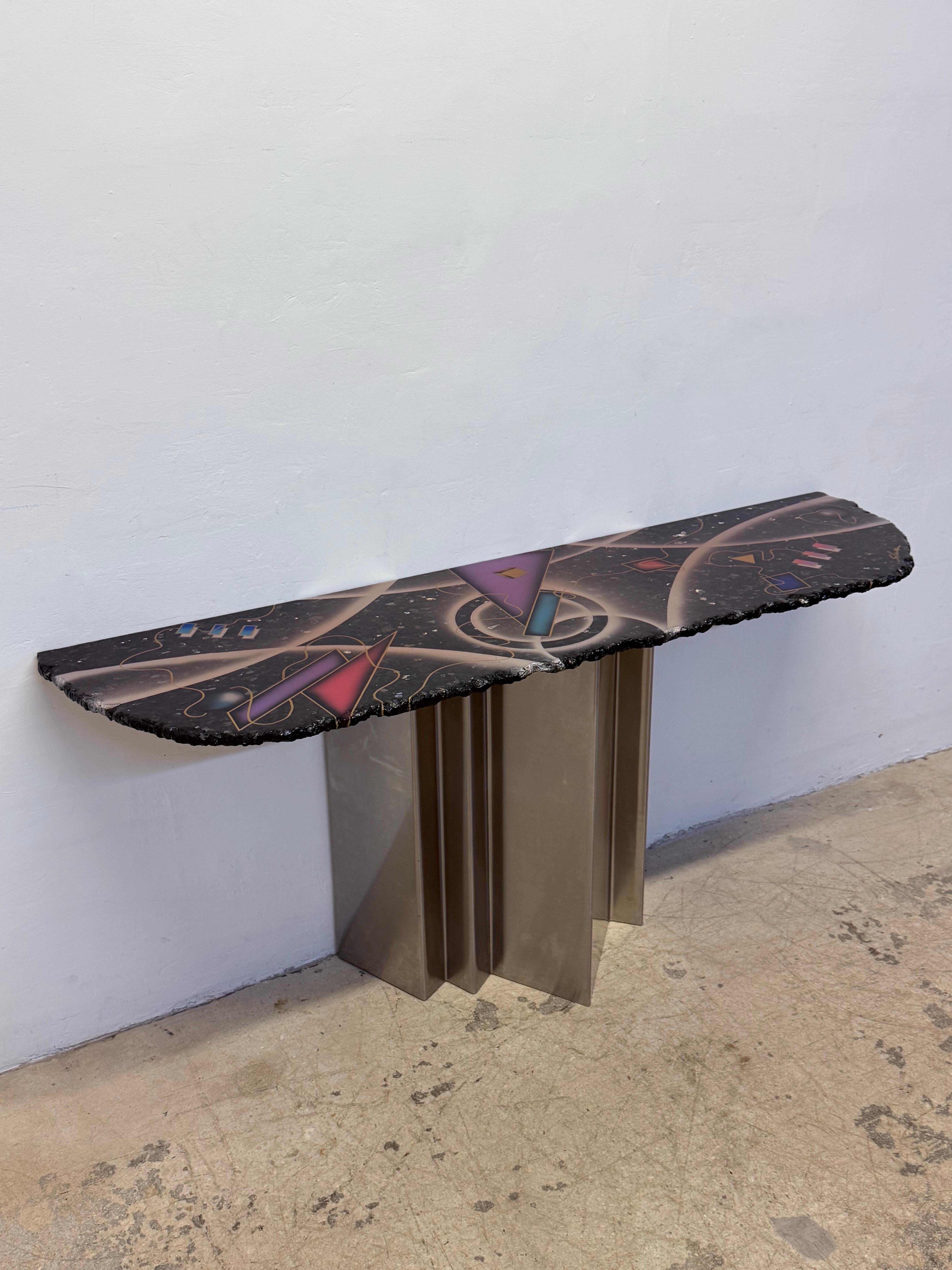 20th Century Greg Sheres Contemporary Studio Crafted Steel and Granite Top Console Table For Sale