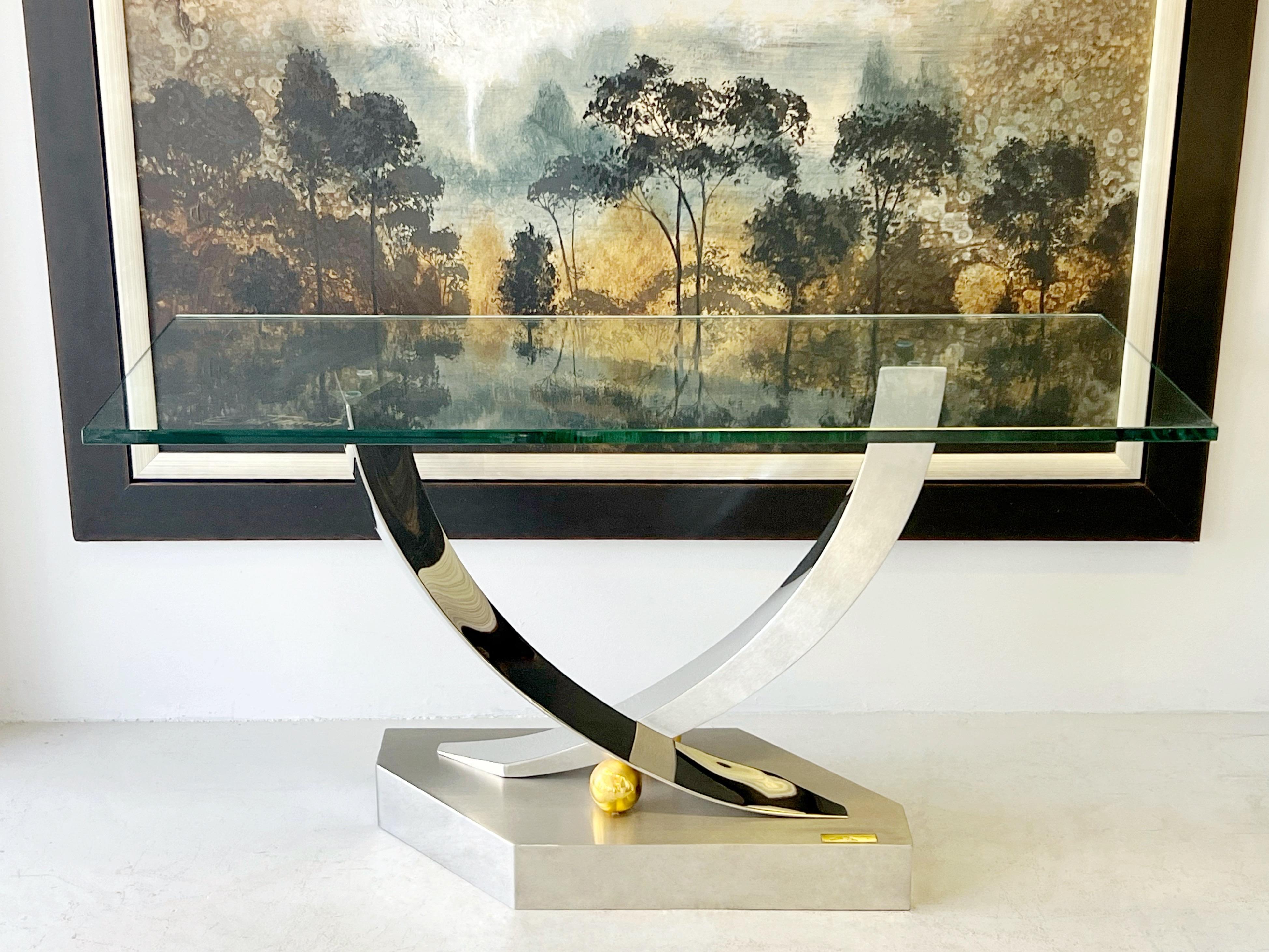 Brass Greg Sheres Stainless Steel Modern Console Table For Sale