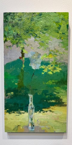 Flower for J- Abstract Lush Green Nature Scape, Oil & Graphite Painting on Panel