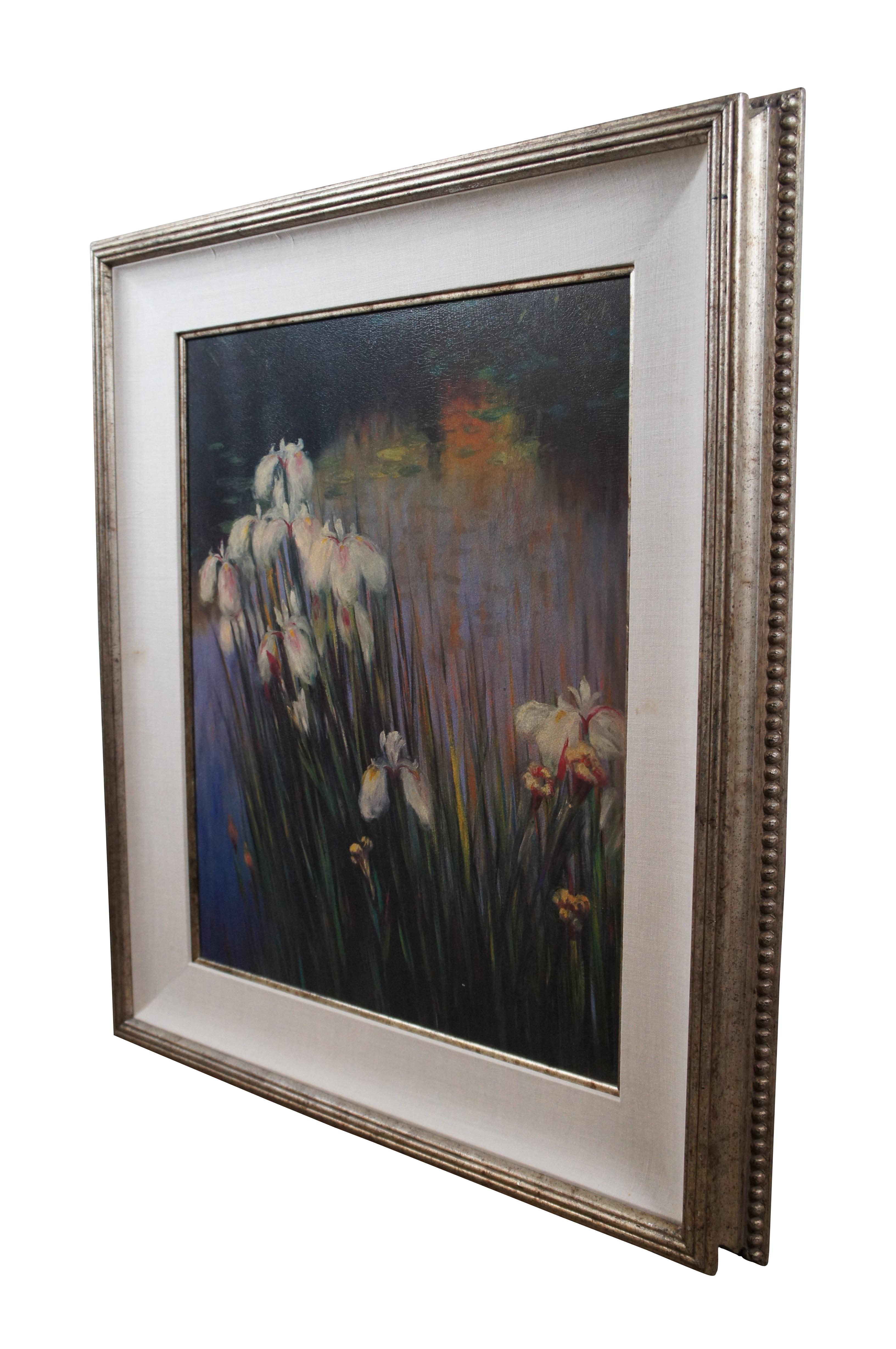 Vintage impressionist style framed print on board of “Wild Irises” by Greg Singley, showing a group of white irises growing at the edge of a pond.

“An illustrator and painter of oil on canvas, Greg Singley (b. 1950) has worked as a newspaper