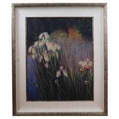 Antique Greg Singley Wild Irises Framed Impressionist Print on Board 41"