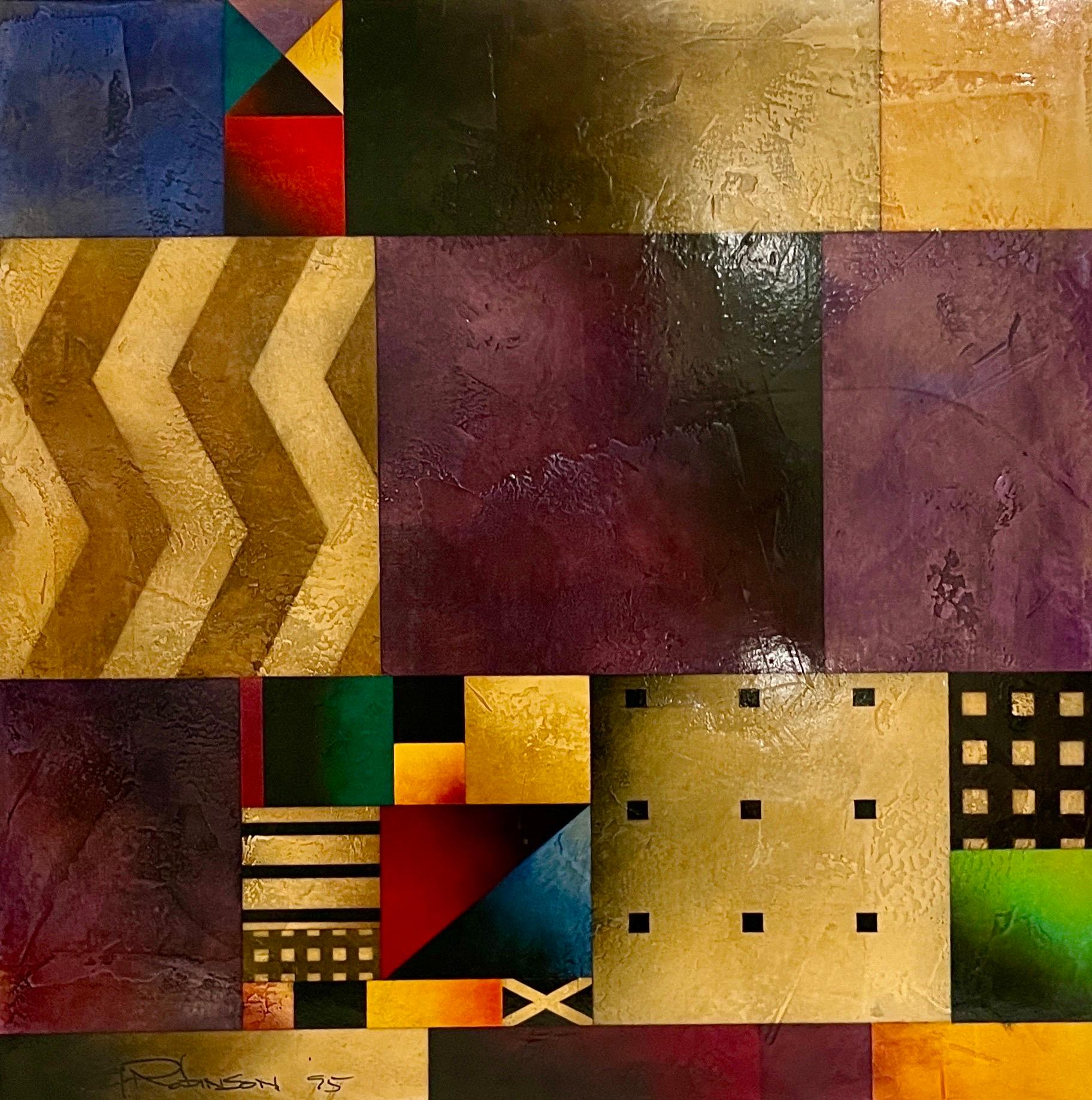 Gregg Robinson, Amerikaner (geboren 1948) 
Das auf Leinwand und Holzplatte aufgezogene Kunstwerk zeigt geometrische Formen und Gestalten in einer lackierten Hochglanzoberfläche. 
Handsigniert unten links und datiert 1995. 

Abmessungen: 24 x 24 x