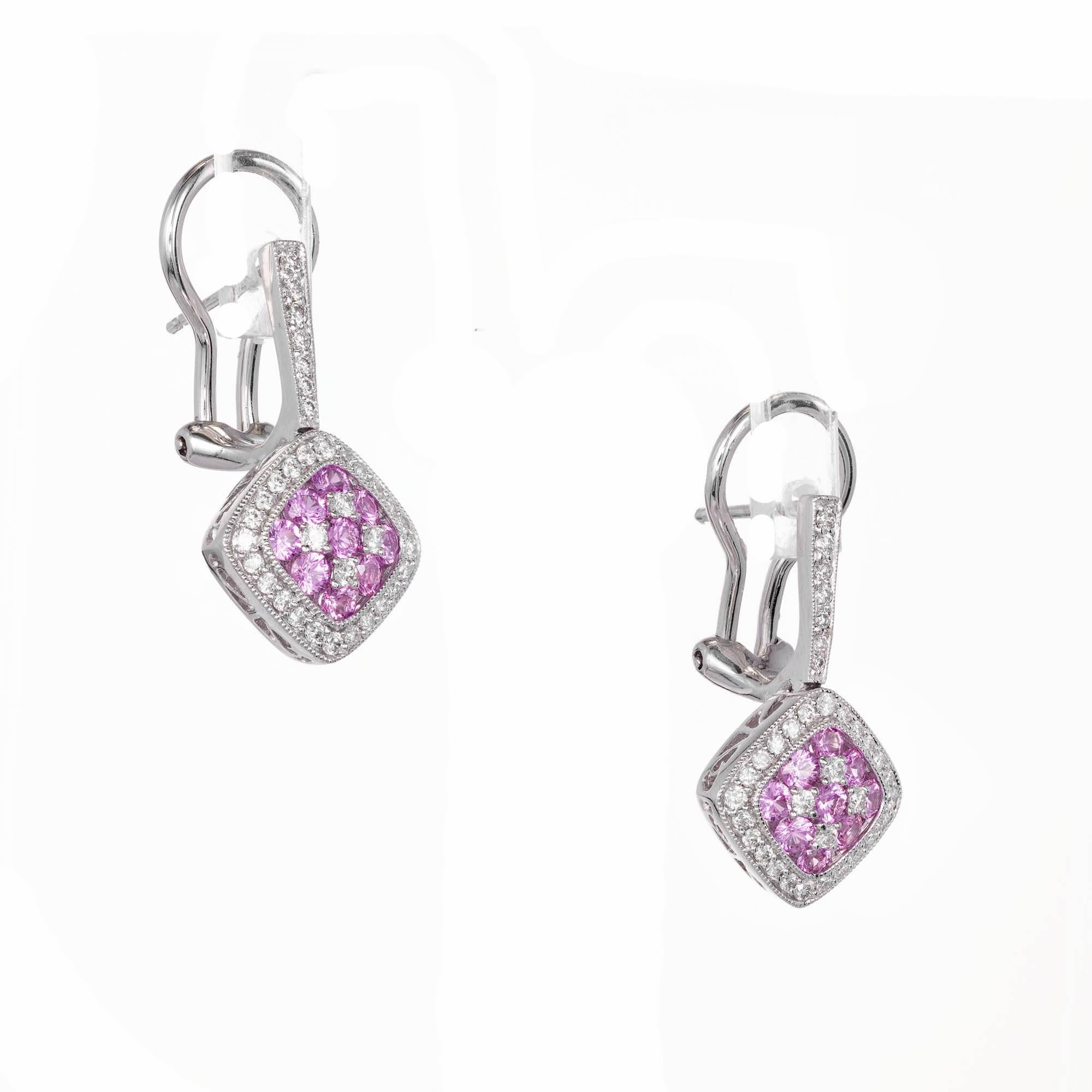 Round Cut Gregg Ruth 1.33 Carat Pink Sapphire Diamond Cluster Gold Dangle Earrings For Sale