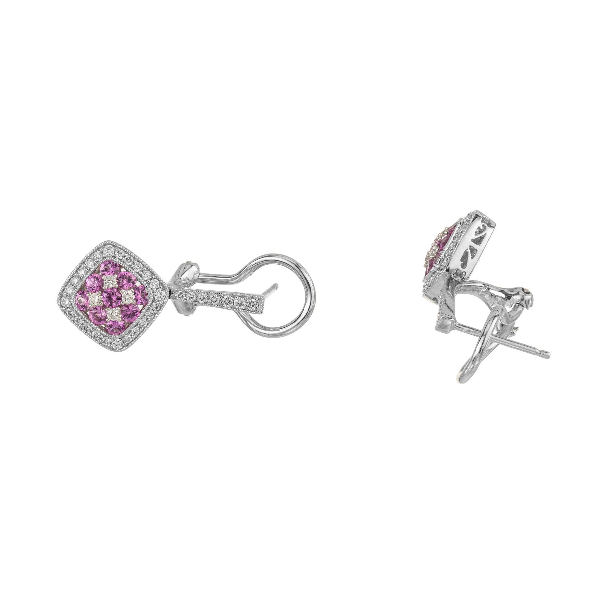 Round Cut Gregg Ruth 1.33 Carat Pink Sapphire Diamond Cluster Gold Dangle Earrings For Sale