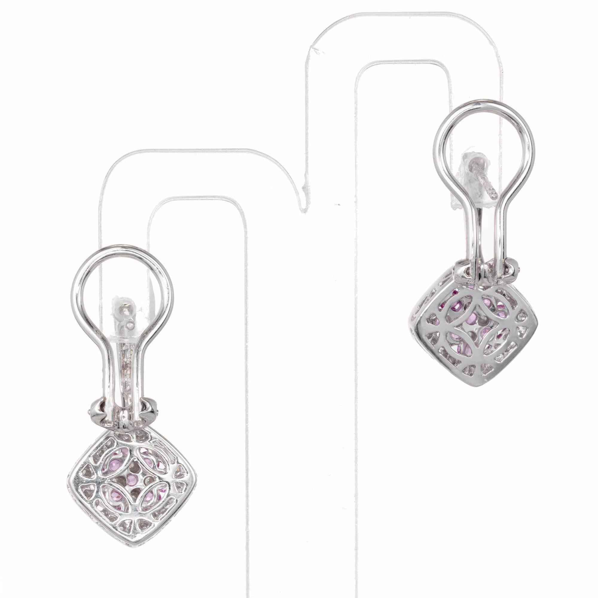 Gregg Ruth 1.33 Carat Pink Sapphire Diamond Cluster Gold Dangle Earrings In Good Condition For Sale In Stamford, CT