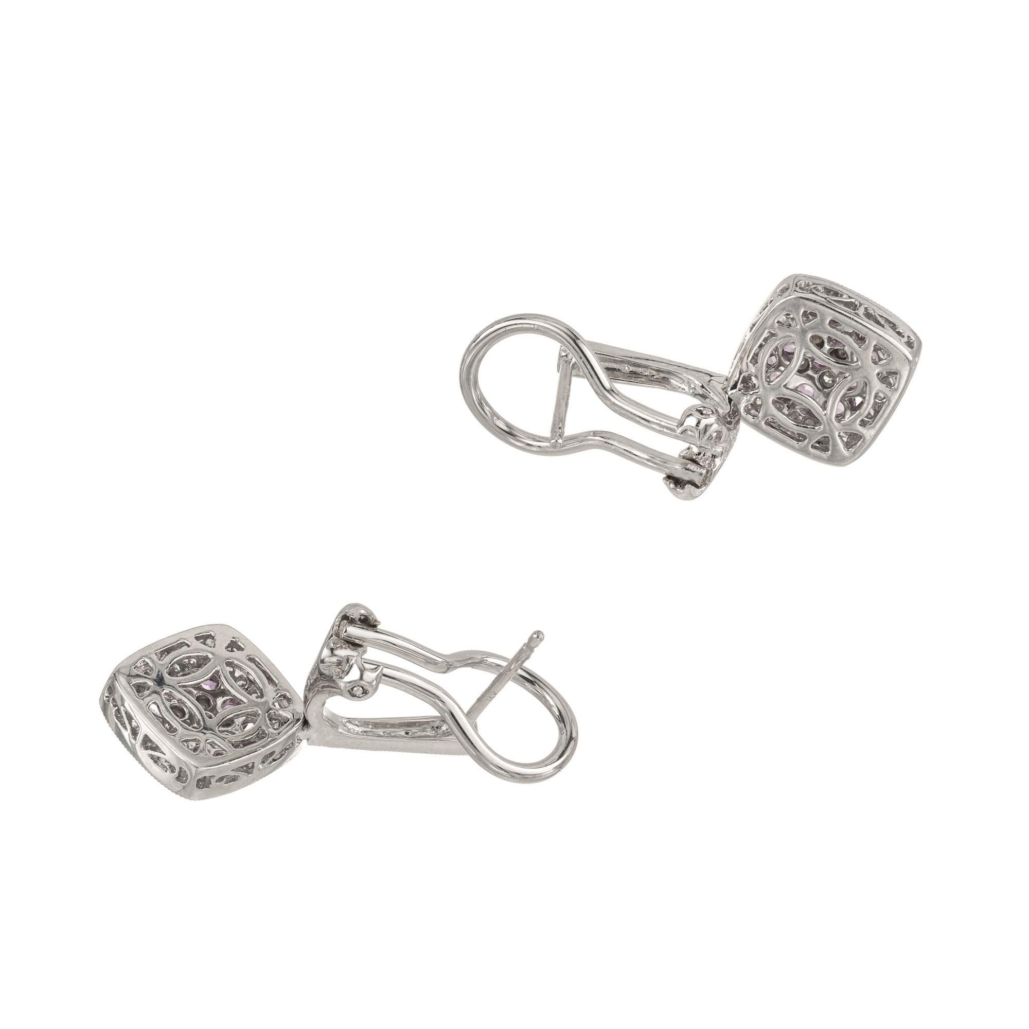 Women's Gregg Ruth 1.33 Carat Pink Sapphire Diamond Cluster Gold Dangle Earrings For Sale