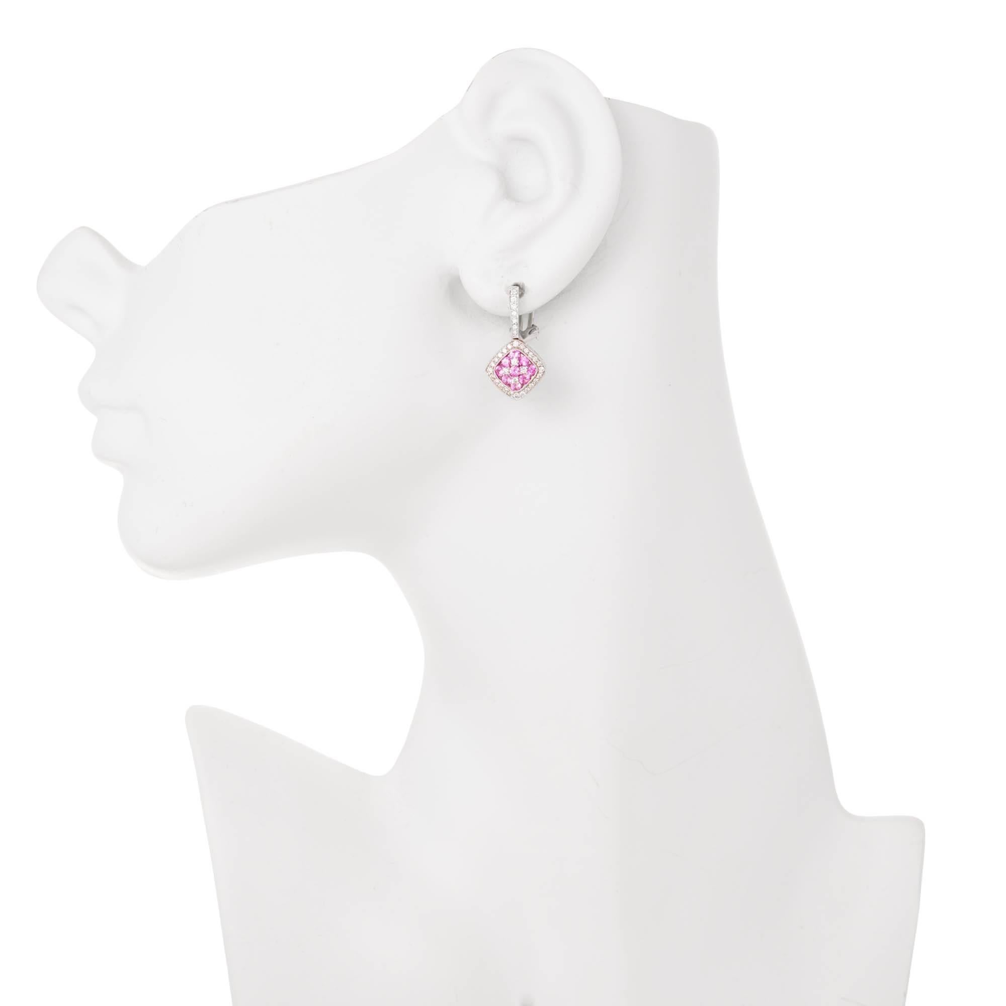 Gregg Ruth 1.33 Carat Pink Sapphire Diamond Cluster Gold Dangle Earrings In Excellent Condition For Sale In Stamford, CT