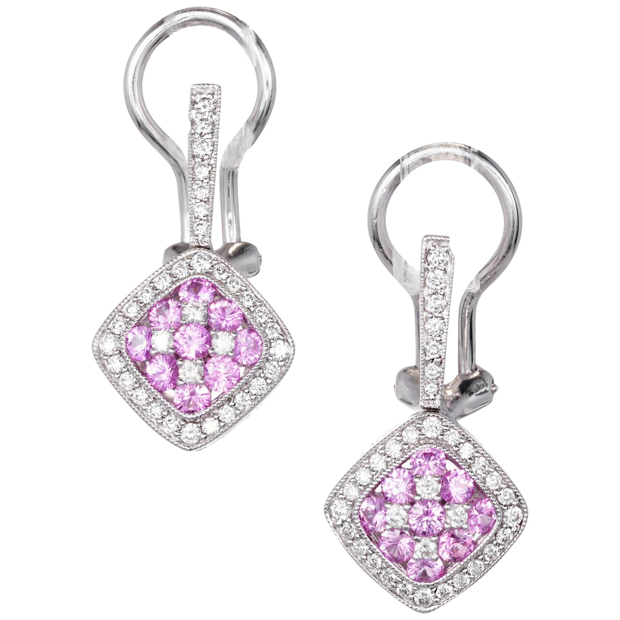 Gregg Ruth 1.33 Carat Pink Sapphire Diamond Cluster Gold Dangle Earrings For Sale