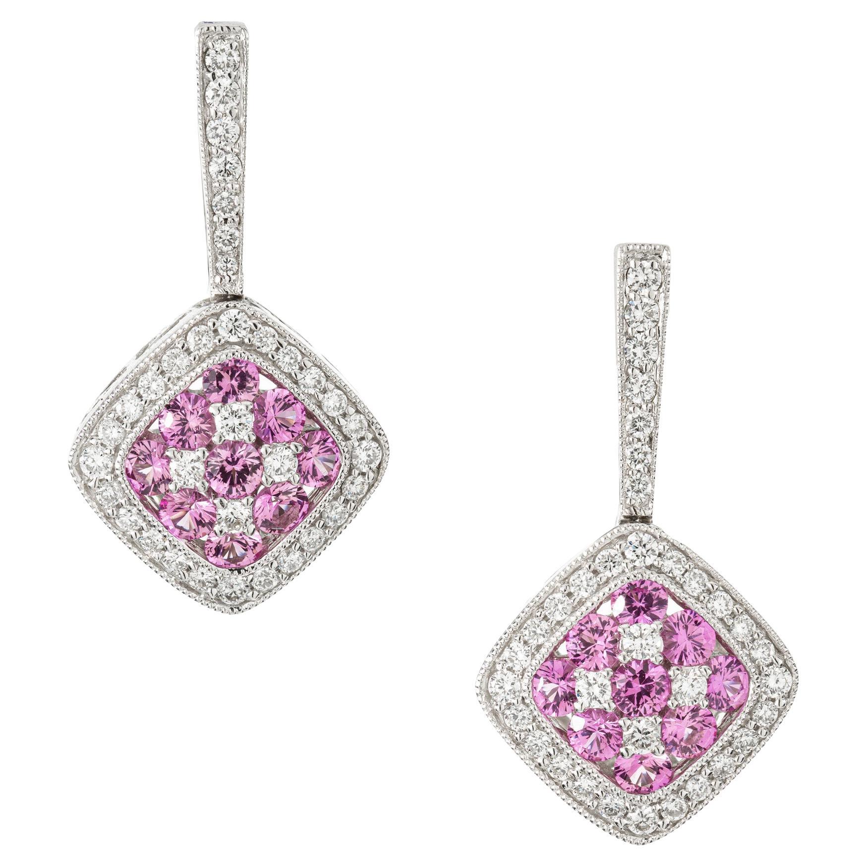 Gregg Ruth 1.33 Carat Pink Sapphire Diamond Cluster Gold Dangle Earrings