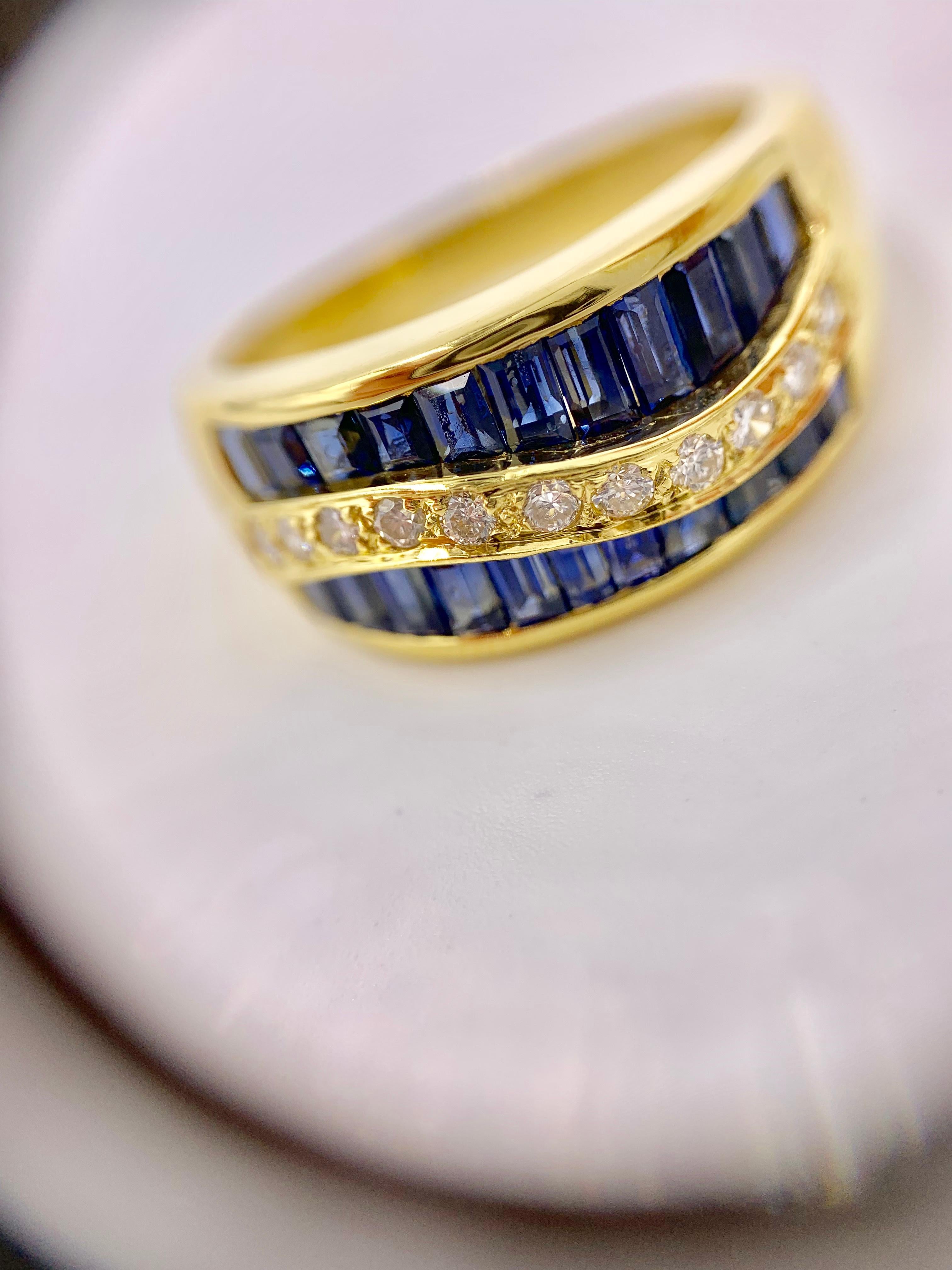 Gregg Ruth 18 Karat Blue Sapphire and Diamond Wide Ring For Sale 4