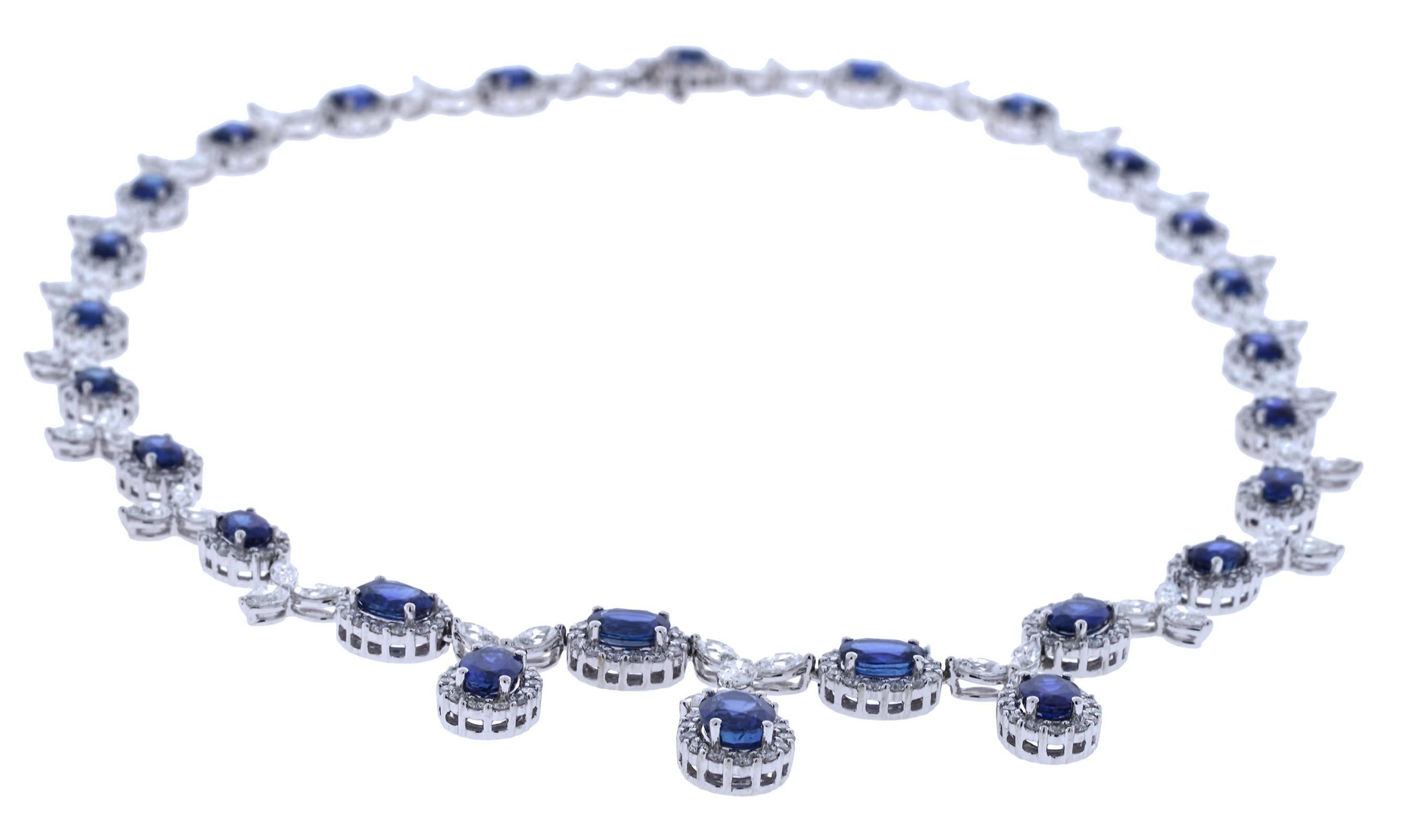 Oval Cut Gregg Ruth 18 Karat White Gold 17.90 Sapphire, 14.40 Total Diamond Necklace For Sale