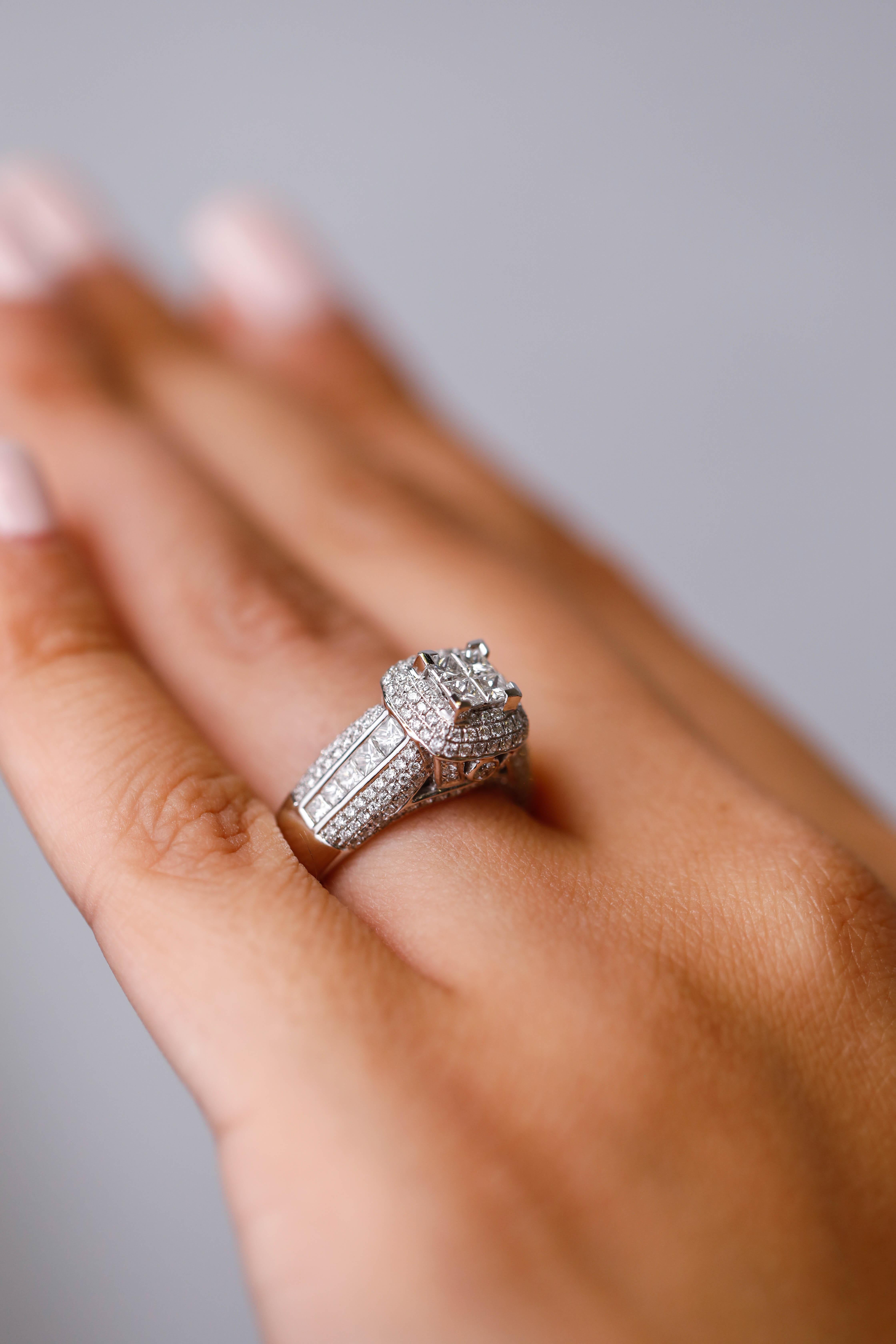 Women's Gregg Ruth 18k White Gold 1.75 Carat Princess Cut Diamond Engagement Ring Sz 6.7