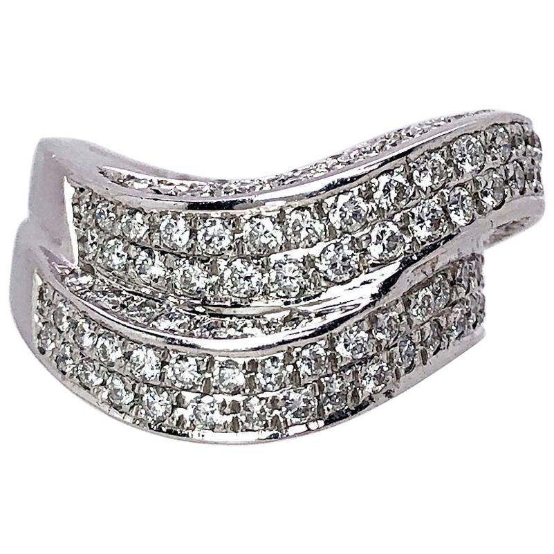 Gregg Ruth 18 Karat White Gold and 1.95 Carat Diamond Double Wave Ring For Sale
