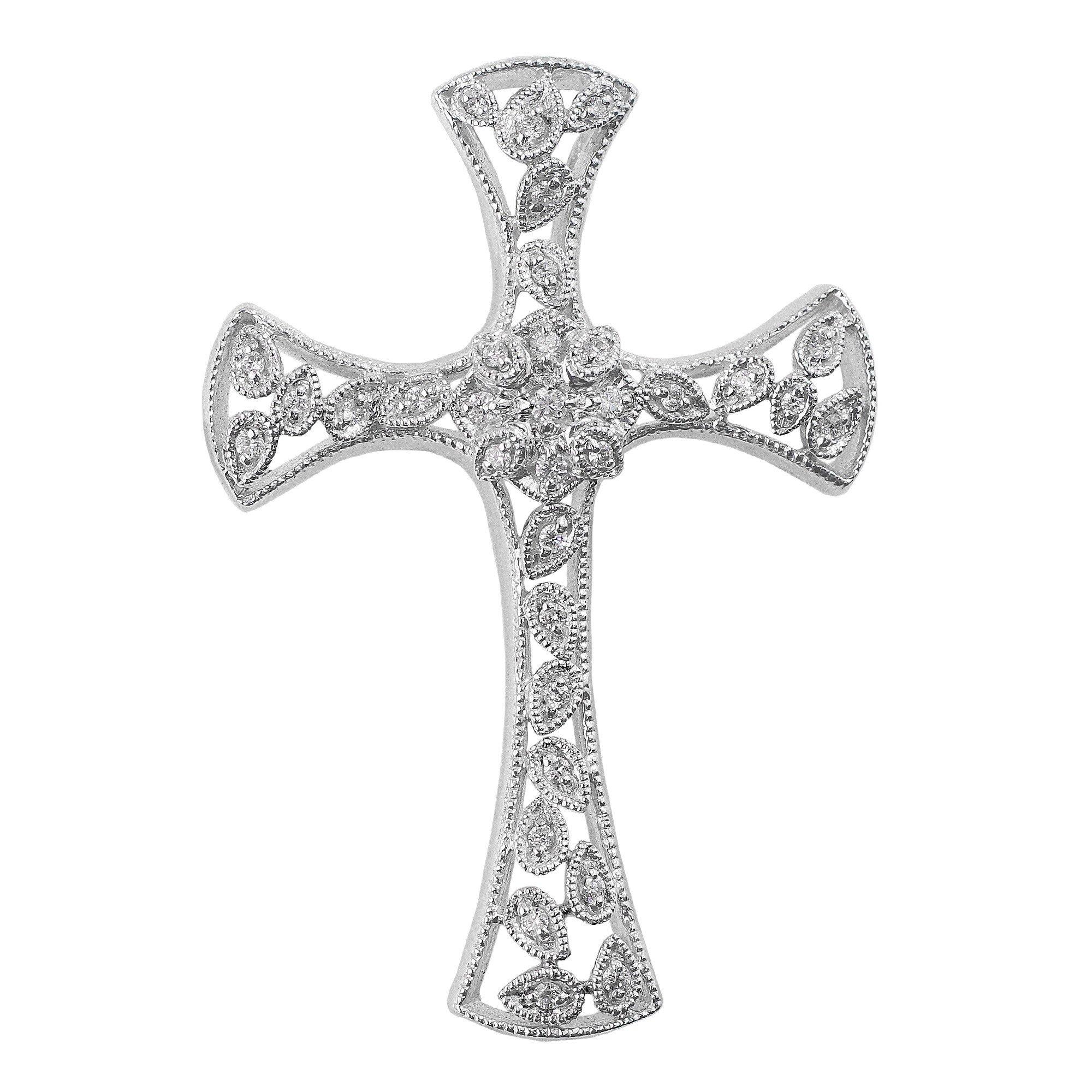 Filigree Diamond Cross. 18k white gold filigree cross with diamonds totaling 0.15 carat total weight.