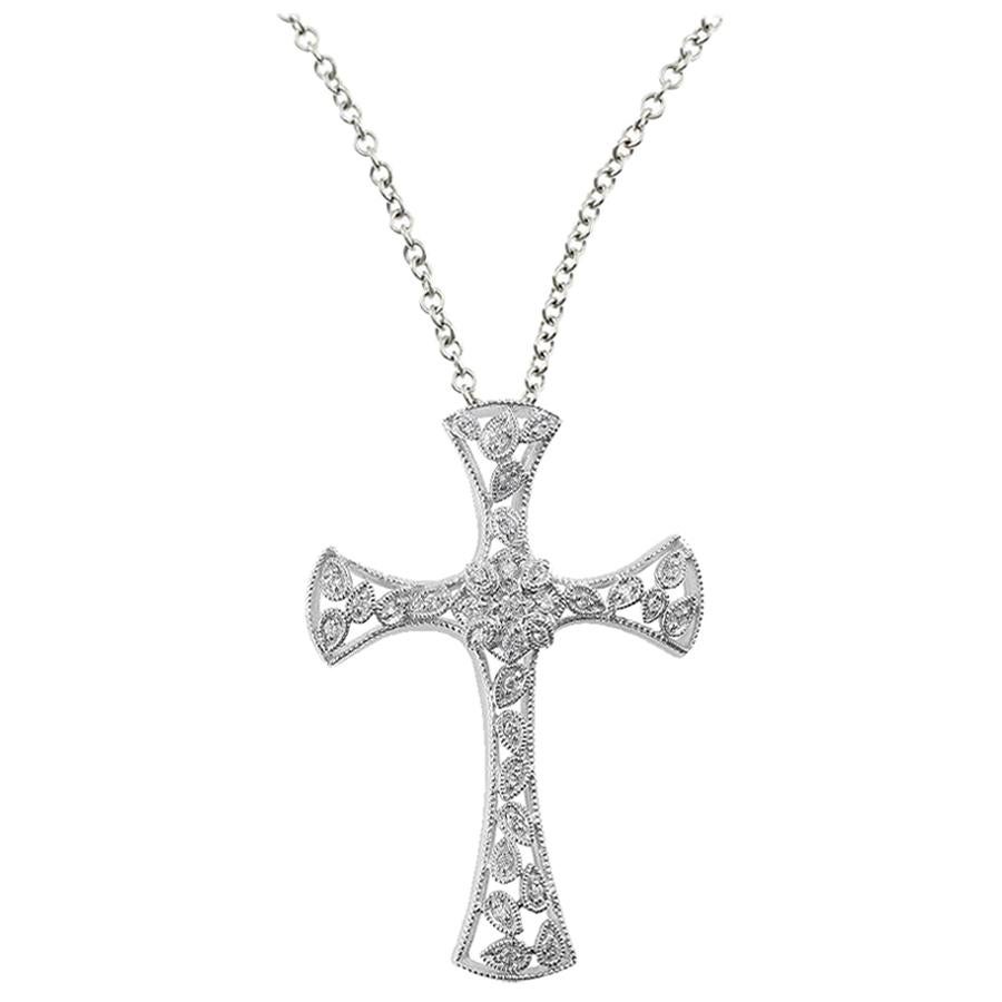 Gregg Ruth 18 Karat White Gold Diamond Filigree Cross Necklace For Sale