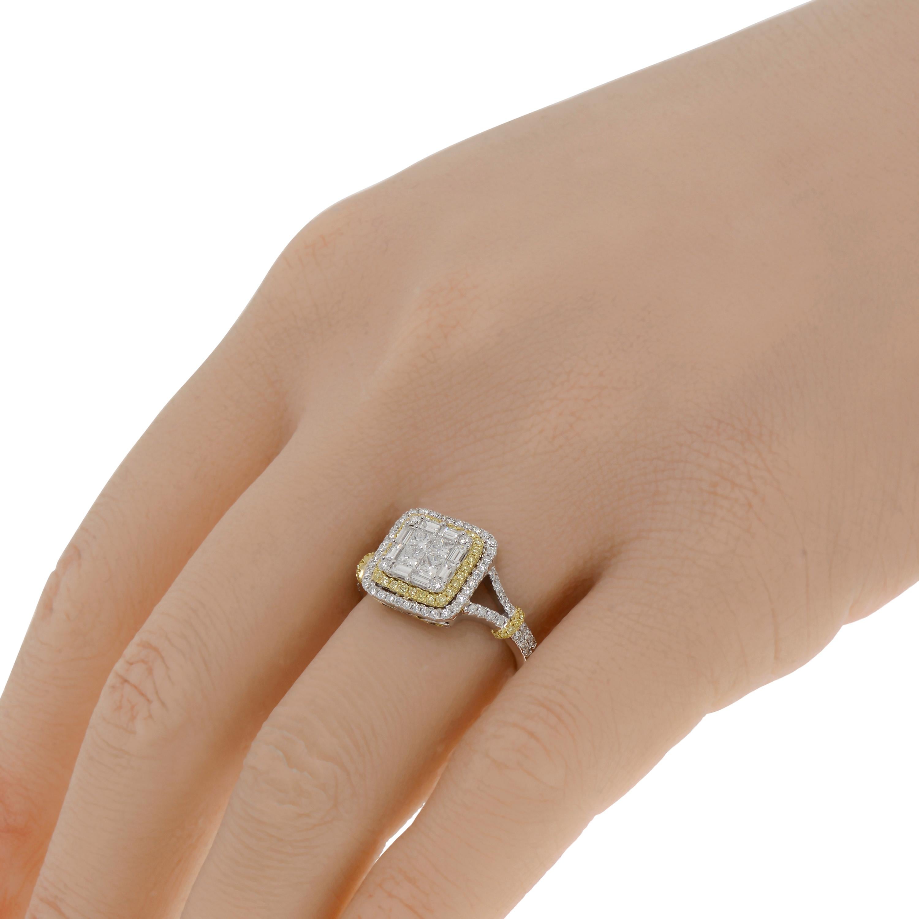 Gregg Ruth Verlobungsring aus 18 Karat Weißgold und 18 Karat Roségold mit einem weißen Diamanten von 0,88ct. tw. und einem rosa Diamanten von 0,15ct. Die Ringgröße ist 6,5 (53,1). die Bandbreite ist 1/16