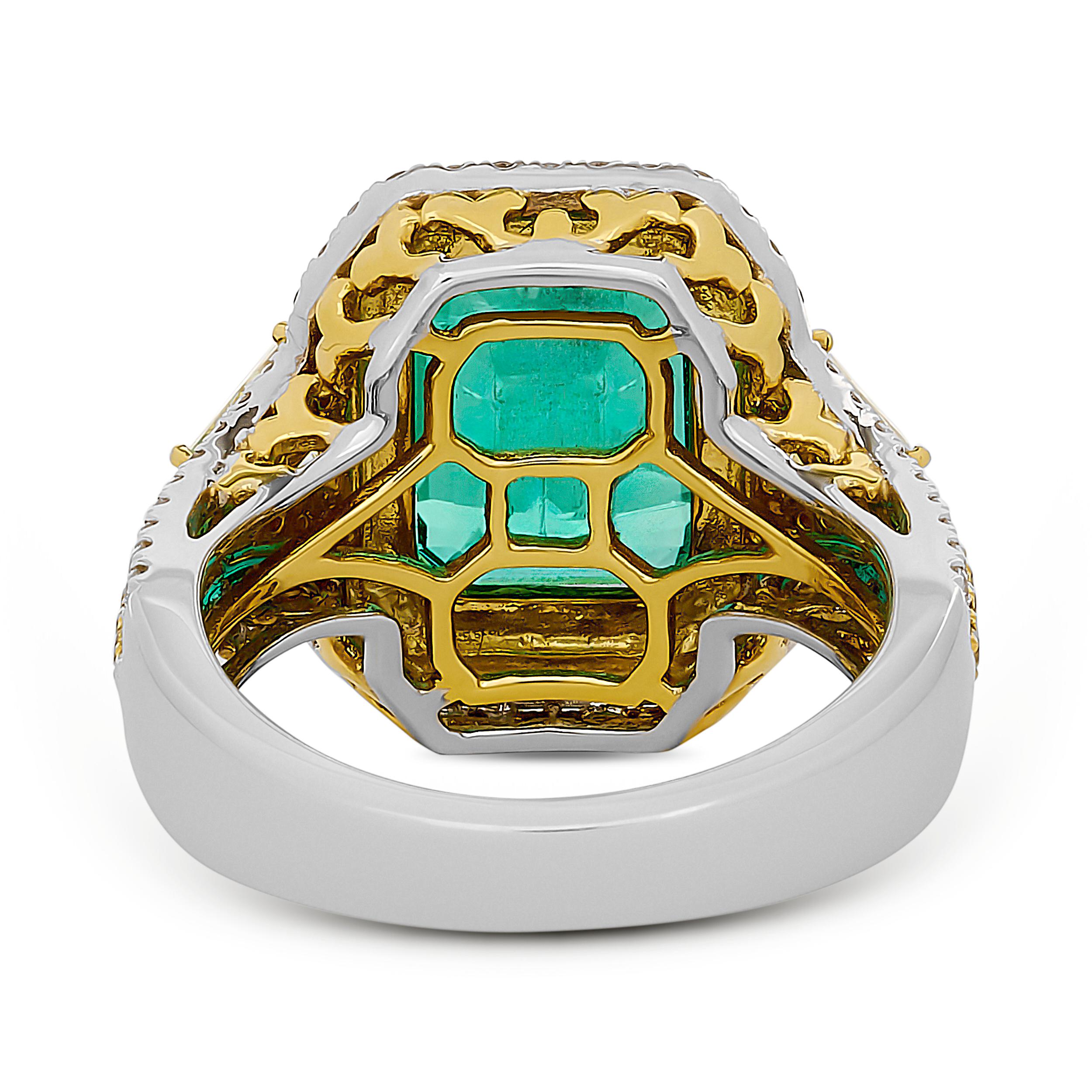 Emerald Cut Gregg Ruth 18K TT Gold Emerald and Double Diamond Halo Three-Stone Ring For Sale