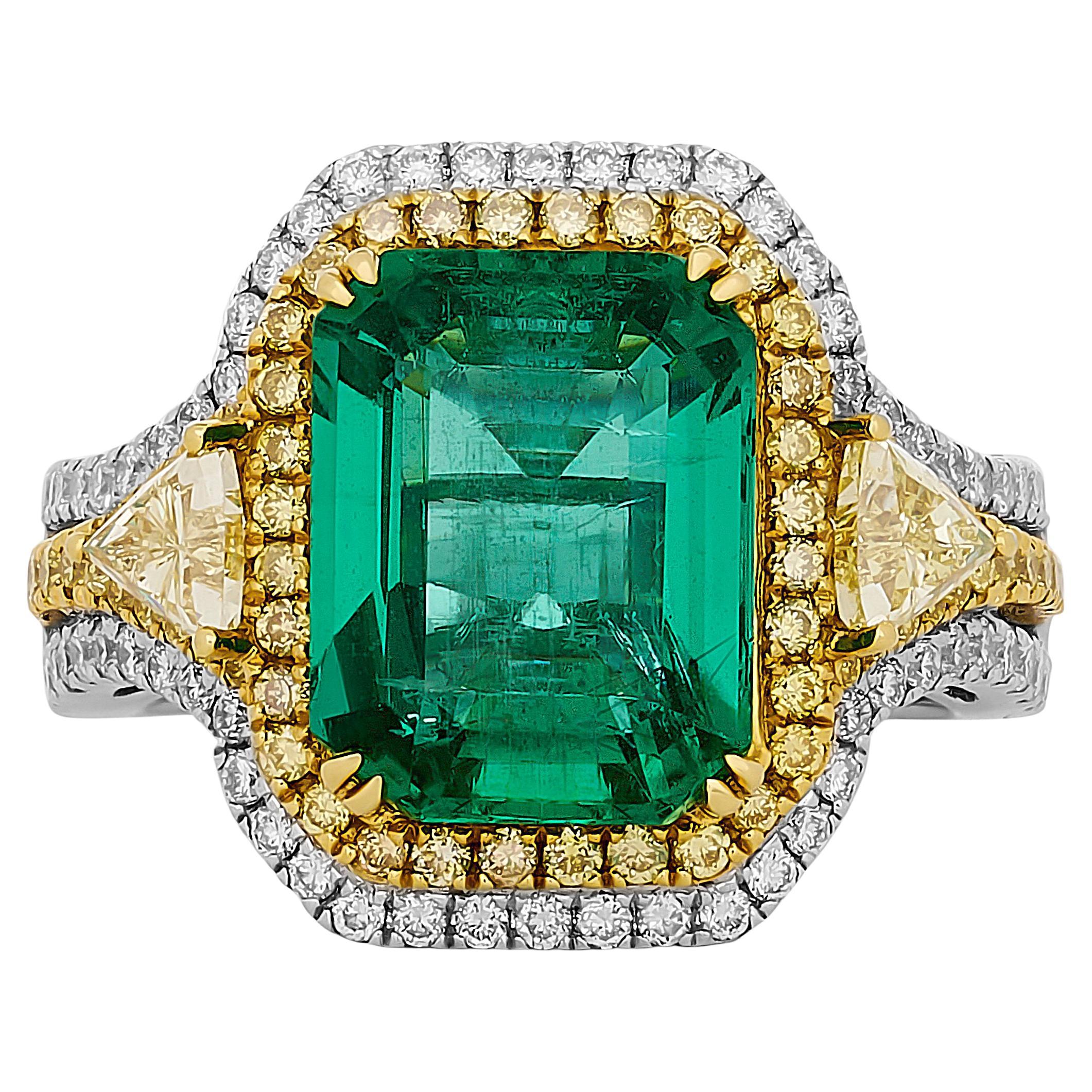 Gregg Ruth 18K TT Gold Emerald and Double Diamond Halo Three-Stone Ring