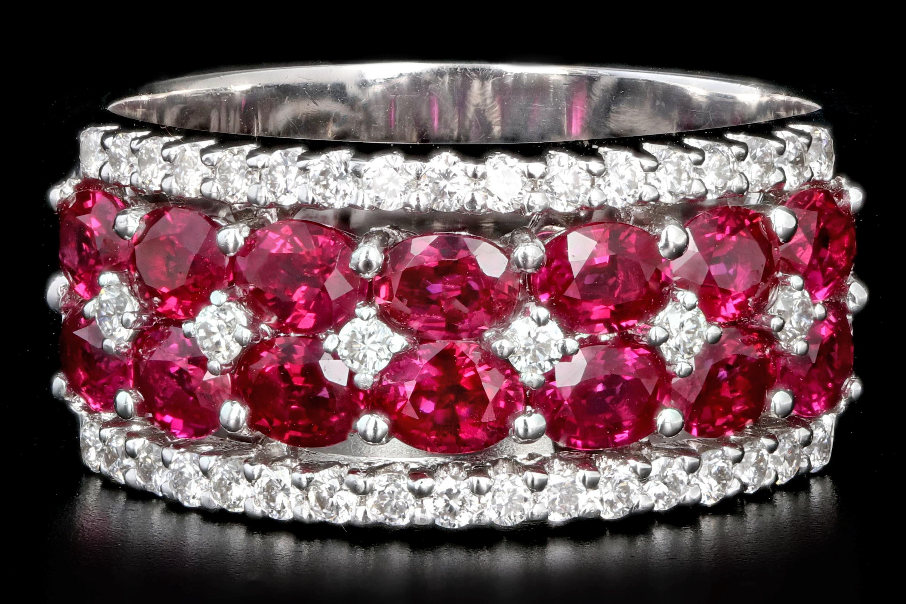 Era: Modern

Designer: Gregg Ruth

Composition: 18K White Gold

Primary Stone: Oval Cut Rubies

Primary Stone Total Carat Weight: 2.99 Carats

Accent Stone: Round Diamonds 

Accent Stone Total Carat Weight: .55 Carats

Color/ Clarity: G/H