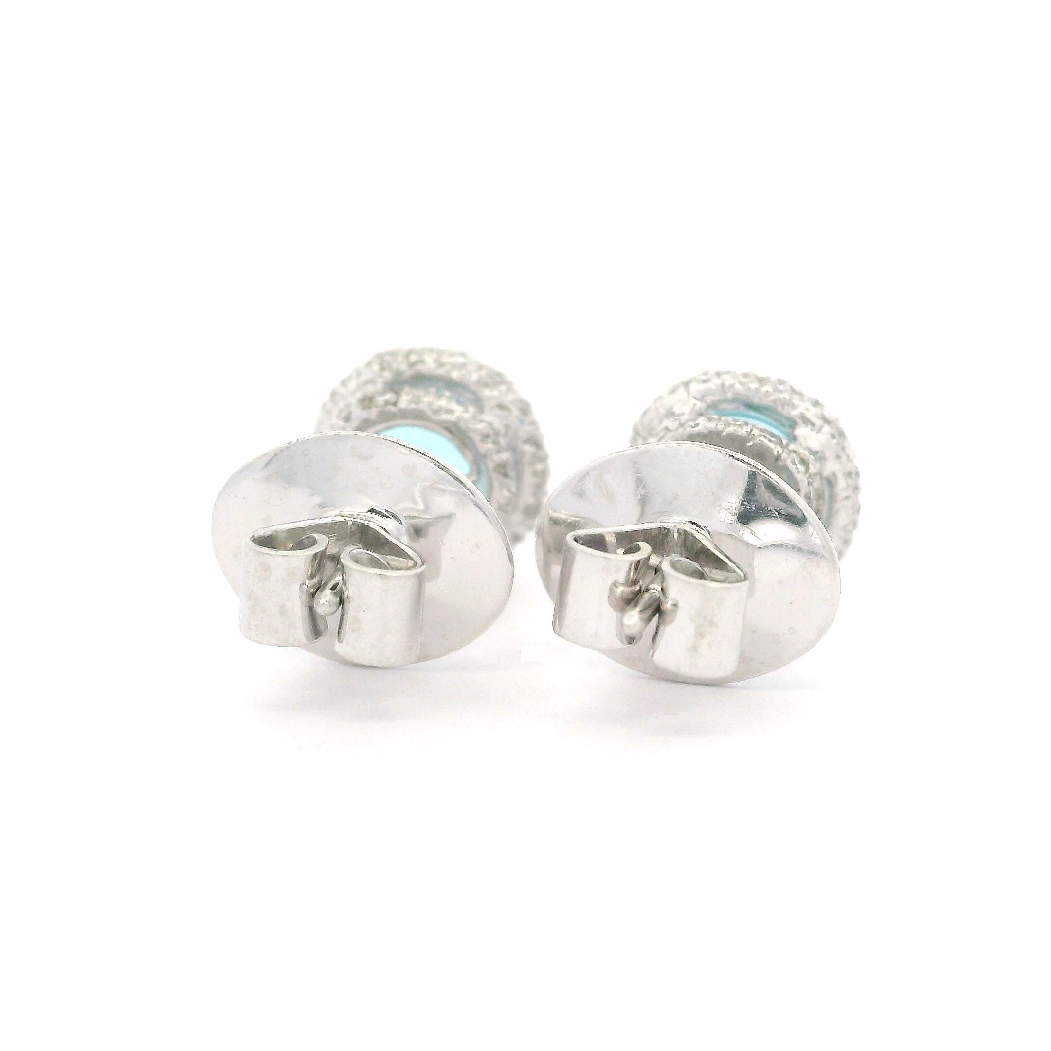 Brilliant Cut Gregg Ruth 18k White Gold Blue Topaz Diamond Covered Halo Stud Earrings For Sale