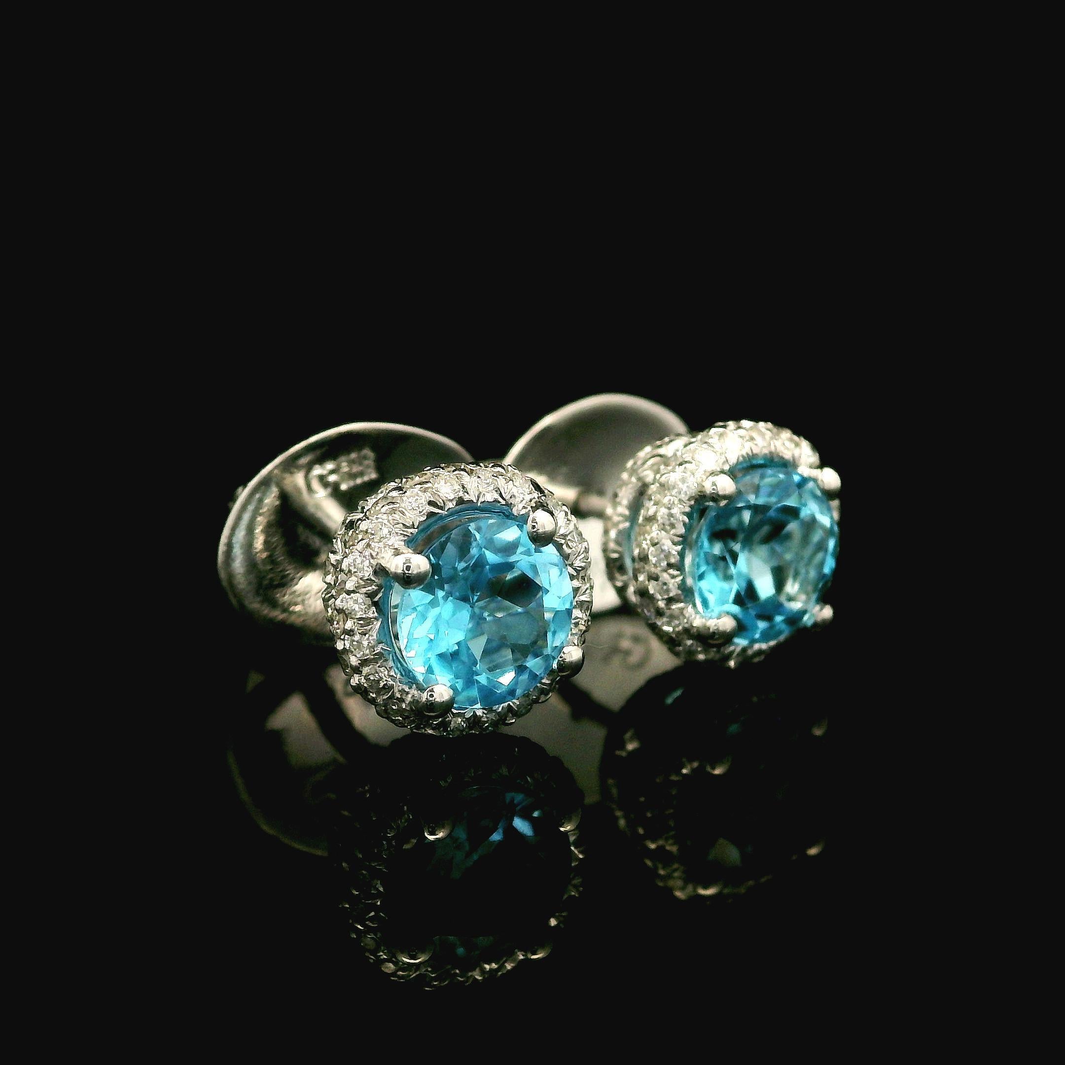 Women's Gregg Ruth 18k White Gold Blue Topaz Diamond Covered Halo Stud Earrings For Sale