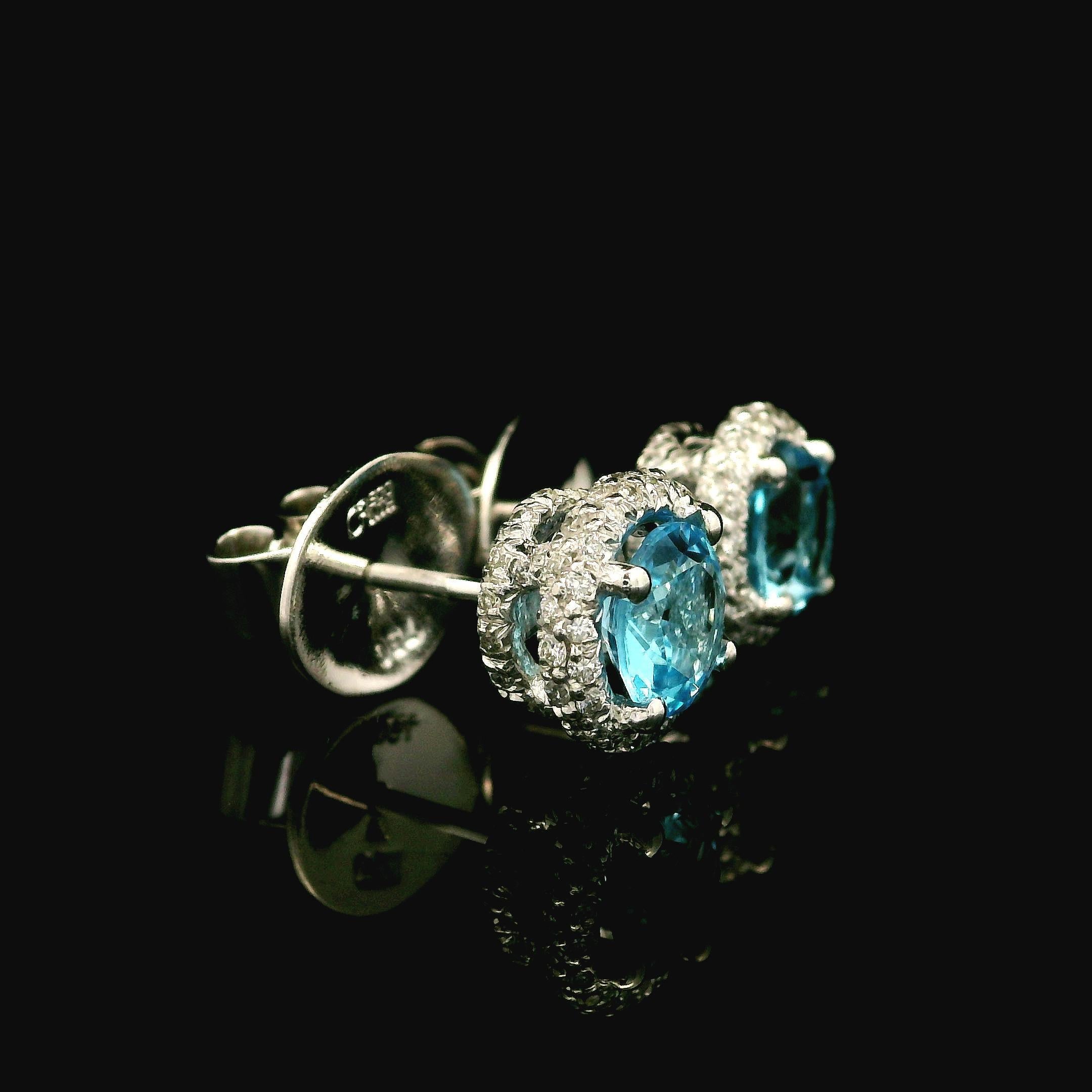 Gregg Ruth 18k White Gold Blue Topaz Diamond Covered Halo Stud Earrings For Sale 1
