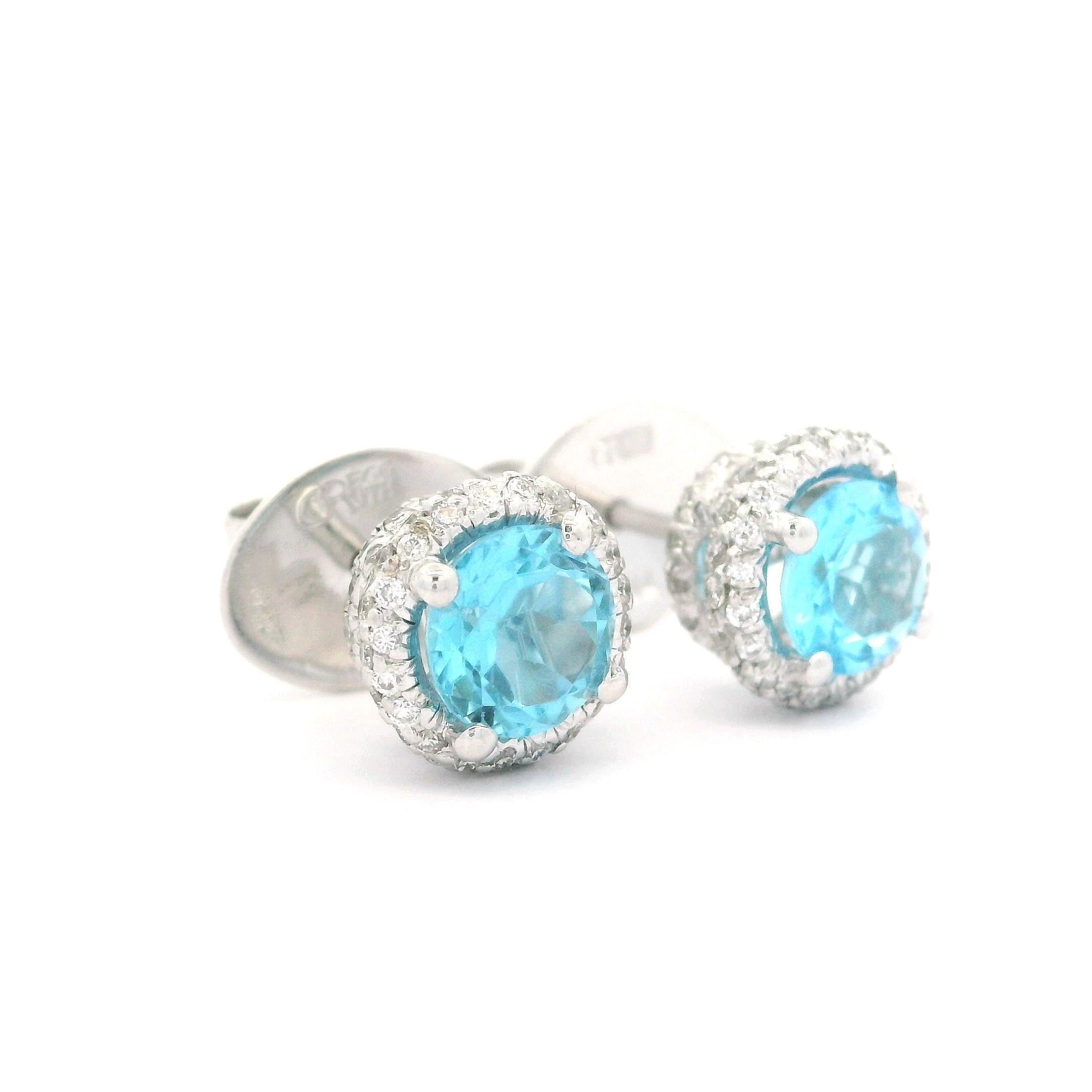 Gregg Ruth 18k White Gold Blue Topaz Diamond Covered Halo Stud Earrings For Sale 3