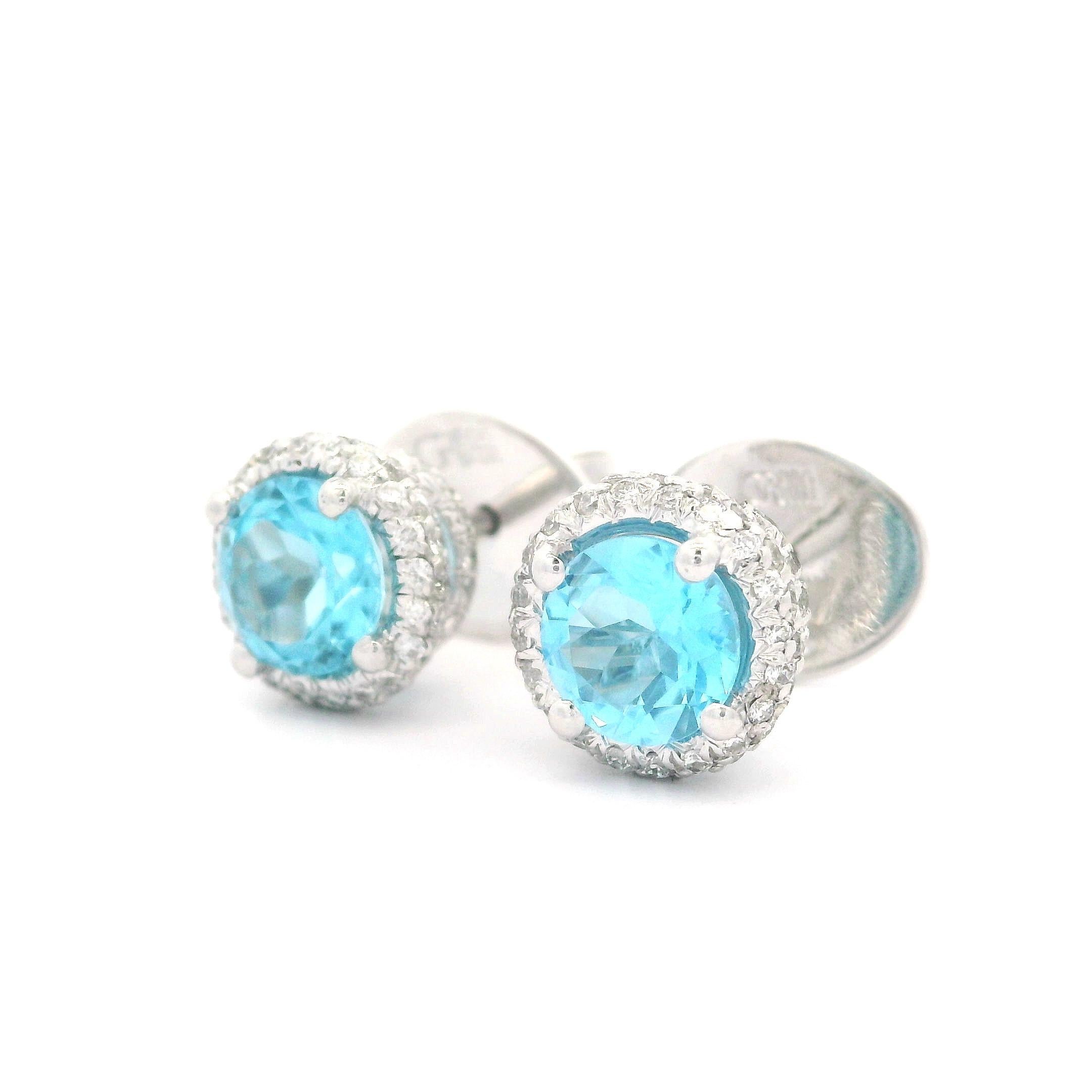 Gregg Ruth 18k White Gold Blue Topaz Diamond Covered Halo Stud Earrings For Sale 4