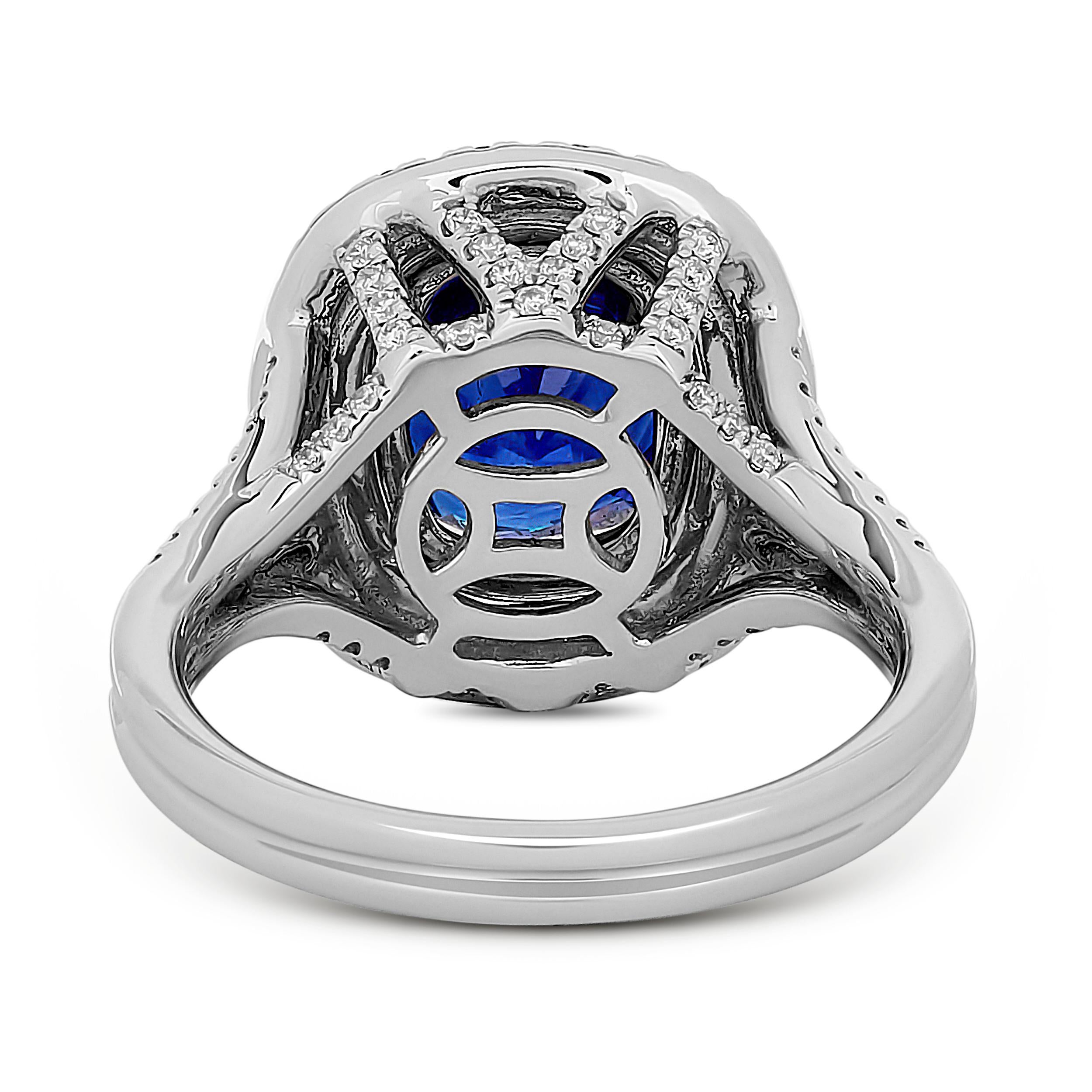 Cushion Cut Gregg Ruth 18K White Gold Cushion Sapphire and Double Diamond Halo Ring For Sale