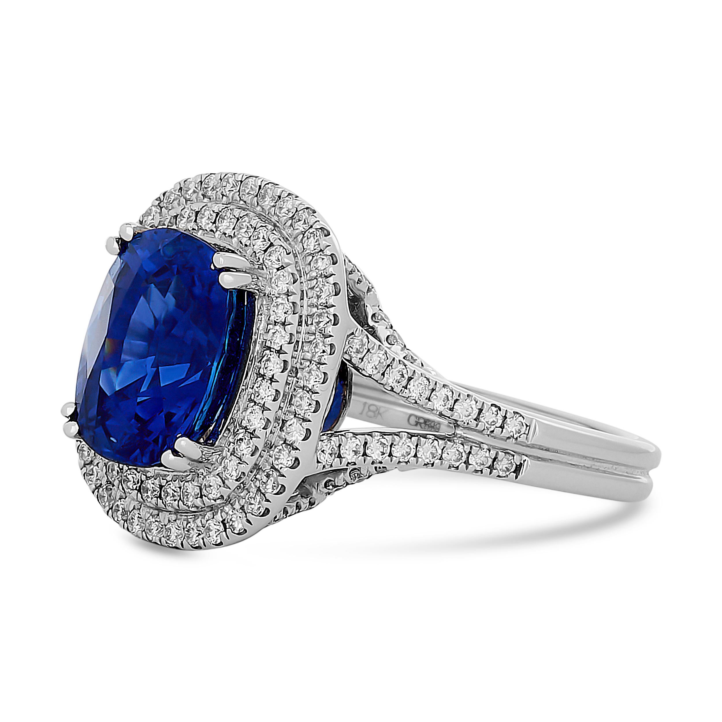 Gregg Ruth 18K White Gold Cushion Sapphire and Double Diamond Halo Ring In Excellent Condition For Sale In Philadelphia, PA