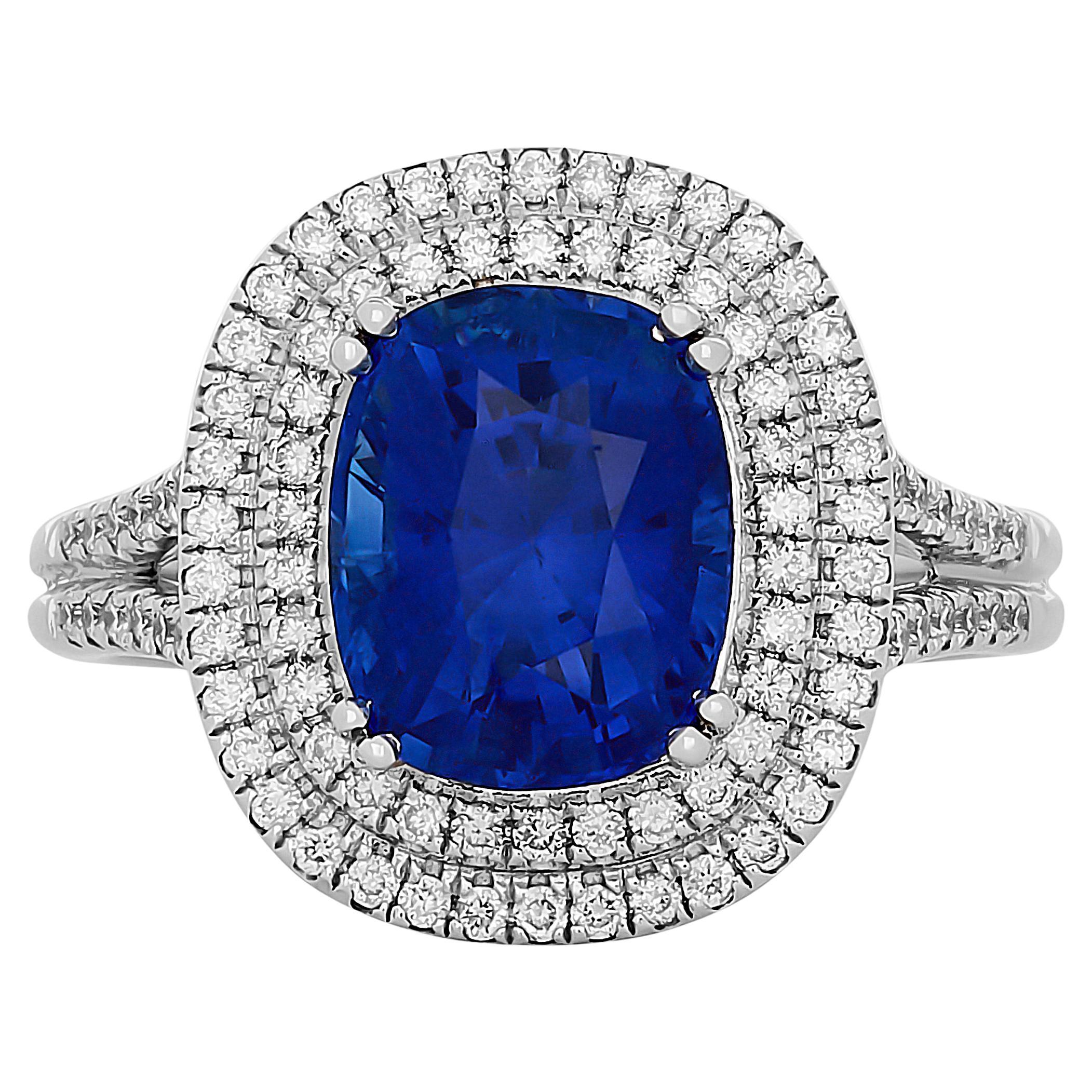 Gregg Ruth 18K White Gold Cushion Sapphire and Double Diamond Halo Ring