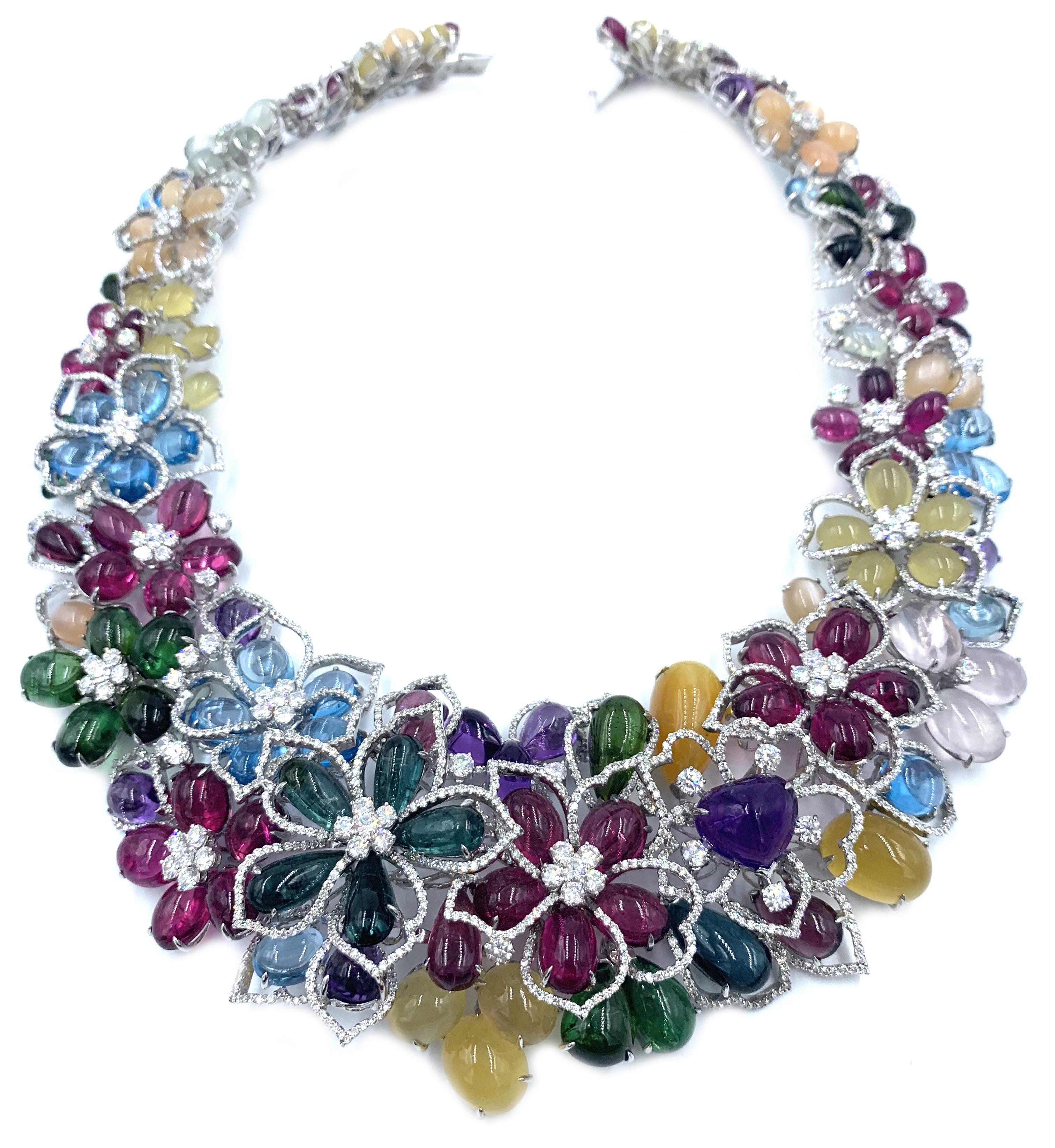 Gregg Ruth Diamond Amethyst Rubilite Tourmaline Topaz Flower Necklace Suite In Good Condition For Sale In West Palm Beach, FL