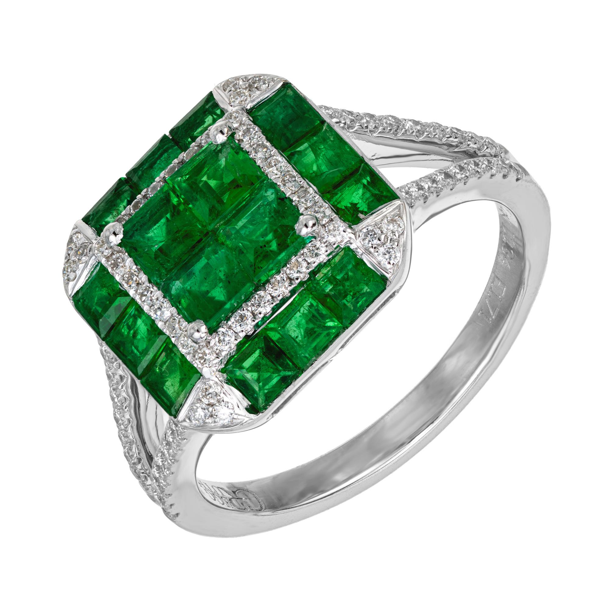 Beautiful bright green natural emerald and diamond ring. From designer Gregg Ruth, this ring boasts 16 square cut GIA certified emeralds totaling 1.71cts. and 76 round brilliant cut diamonds totaling .34cts. The four center mounted emeralds have a