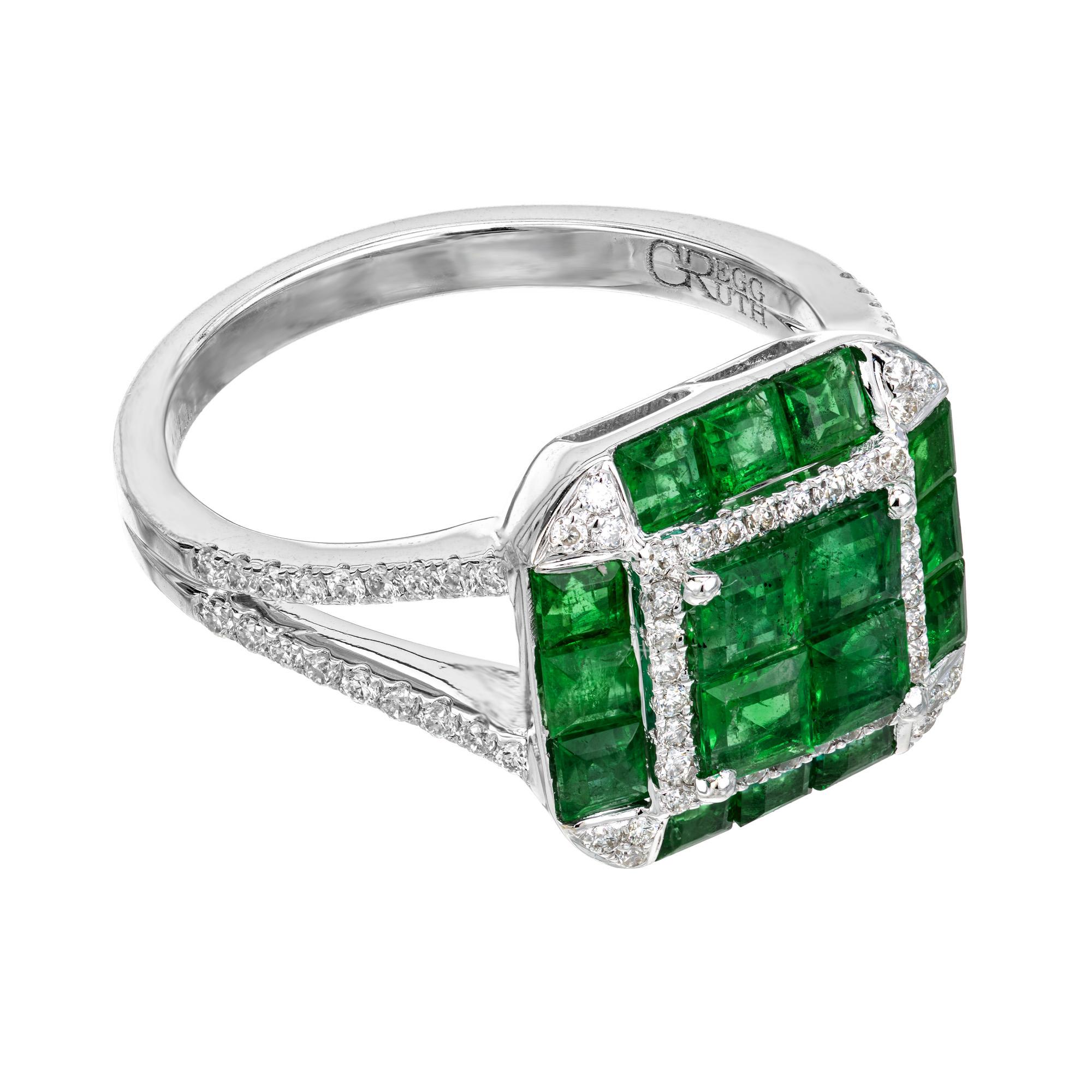 Square Cut Gregg Ruth GIA Certified 1.71 Carat Emerald Diamond Halo White Gold Ring