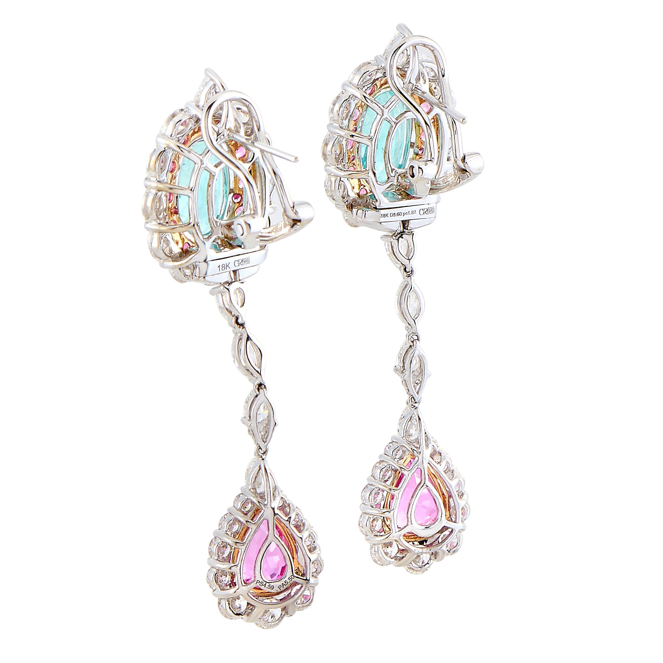 Taille ovale Boucles d'oreilles en or 18 carats avec tourmaline Paraiba, diamant et saphir rose Gregg Ruth en vente