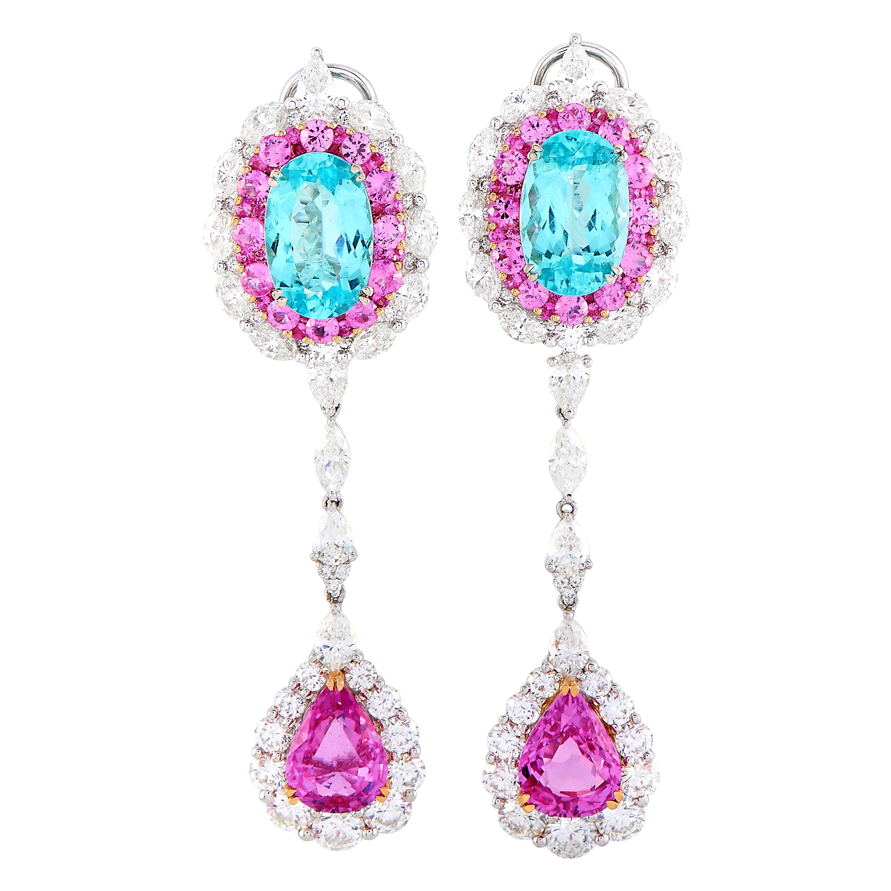 Gregg Ruth Paraiba Tourmaline, Diamond and Pink Sapphire Earrings in 18kw Gold For Sale